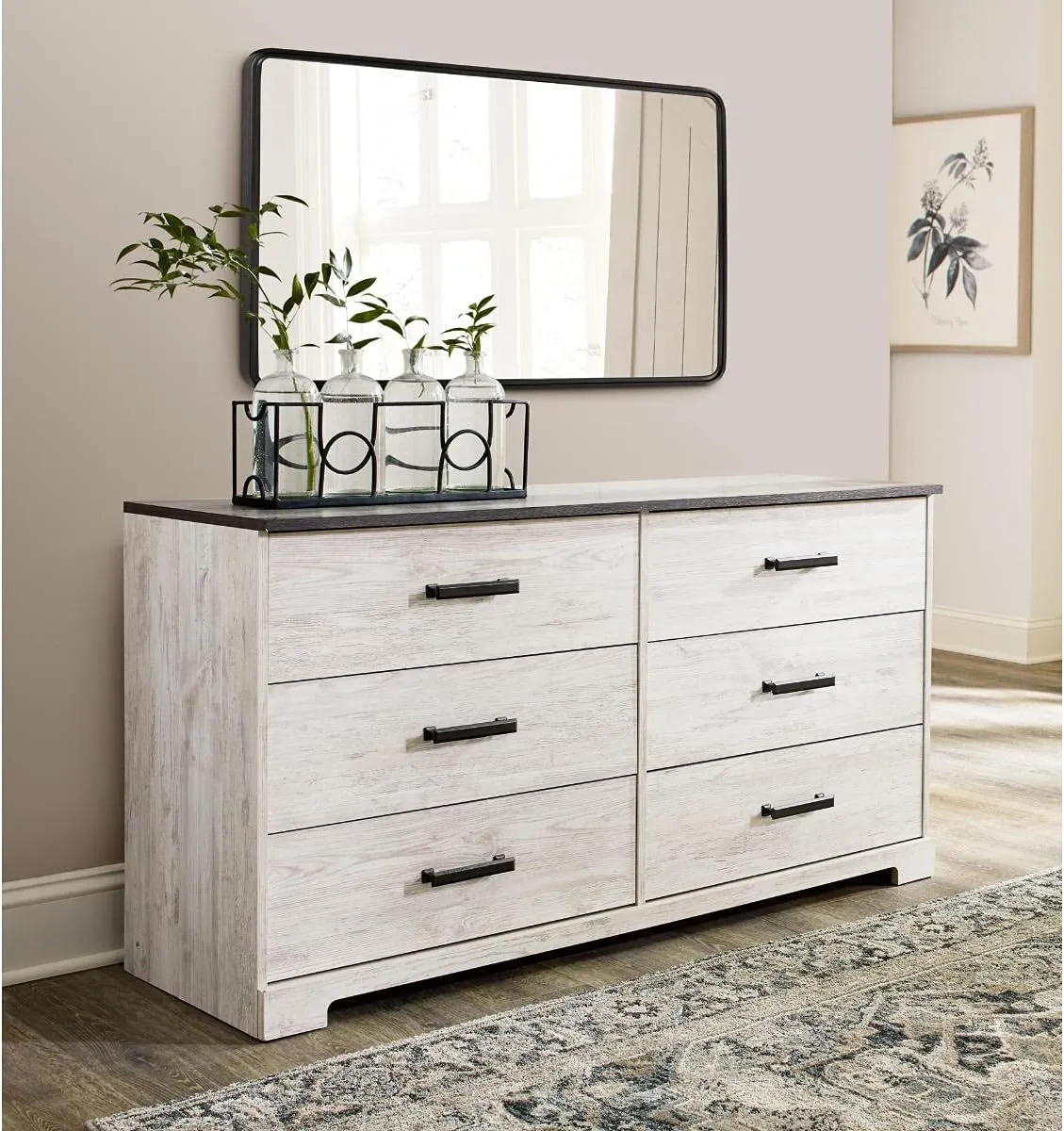 Signature Design by Ashley Shawburn Modern Farmhouse 6 Drawer Dresser, Two Tone White & Dark Gray