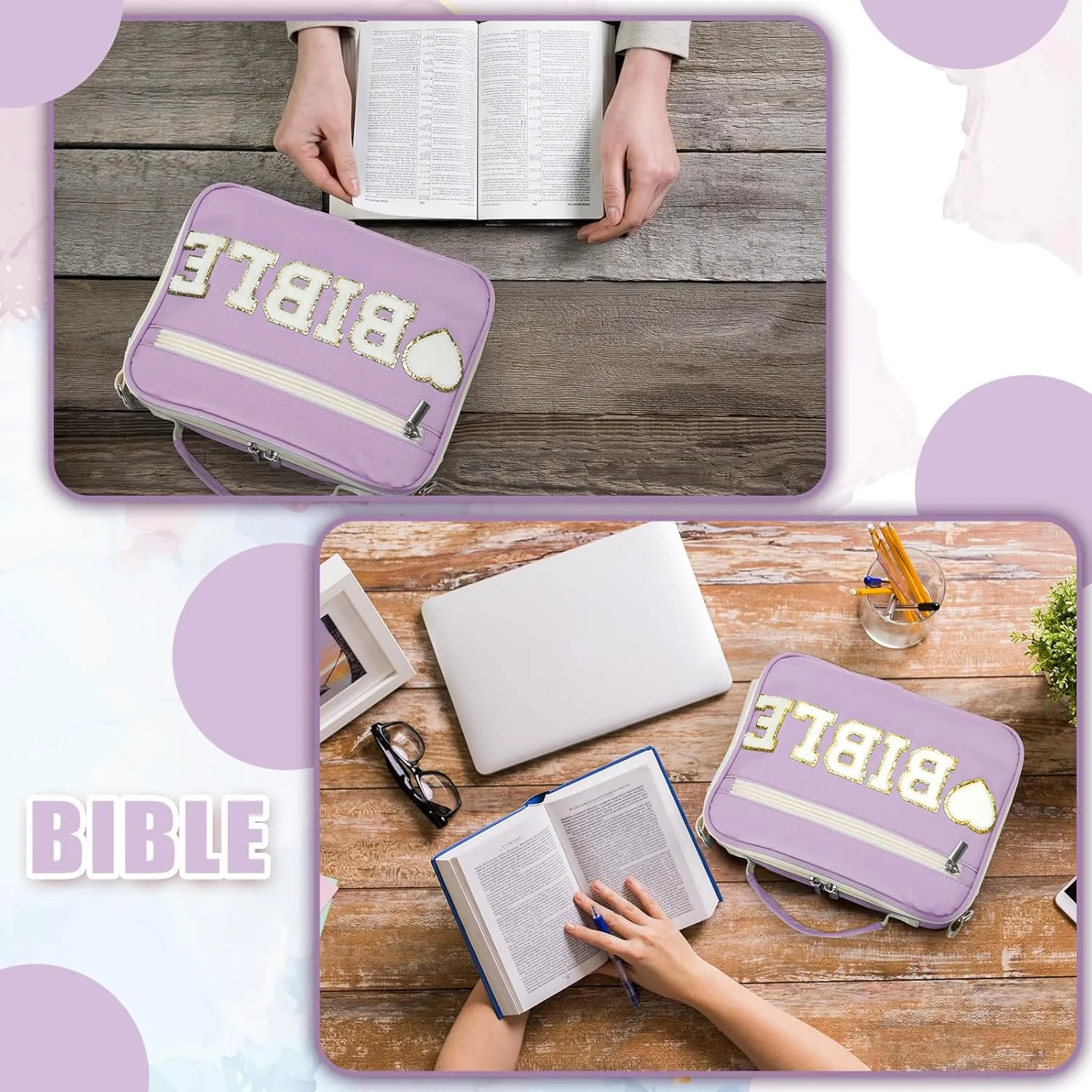 Silkfly Large Chenille Letter Bible Cover for Women Preppy Patch Bible Case Church Bag with Handle(Purple)