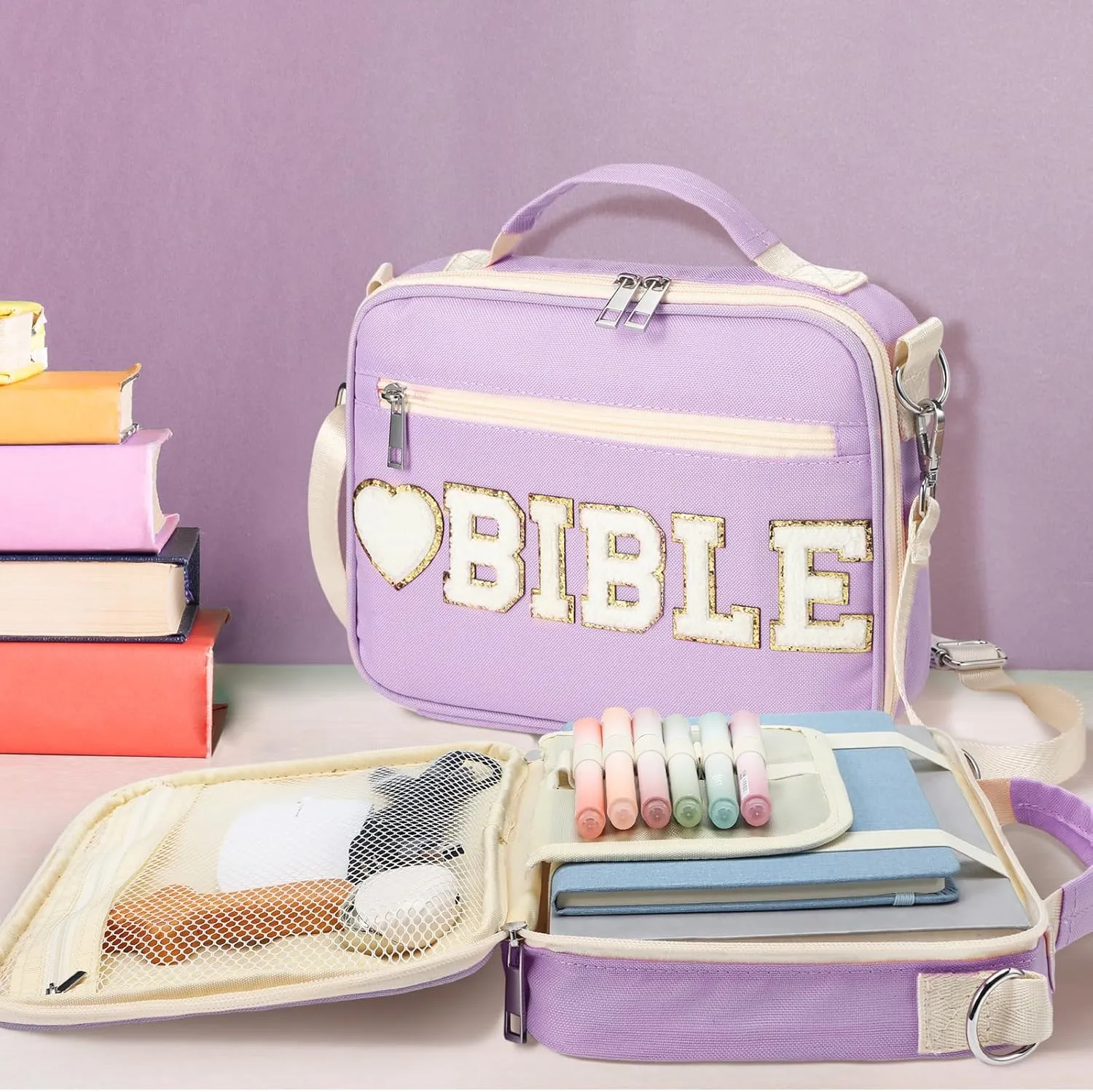 Silkfly Large Chenille Letter Bible Cover for Women Preppy Patch Bible Case Church Bag with Handle(Purple)