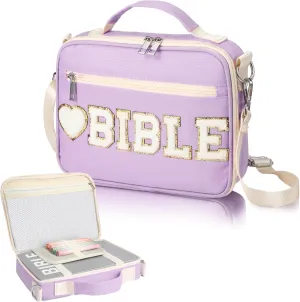 Silkfly Large Chenille Letter Bible Cover for Women Preppy Patch Bible Case Church Bag with Handle(Purple)
