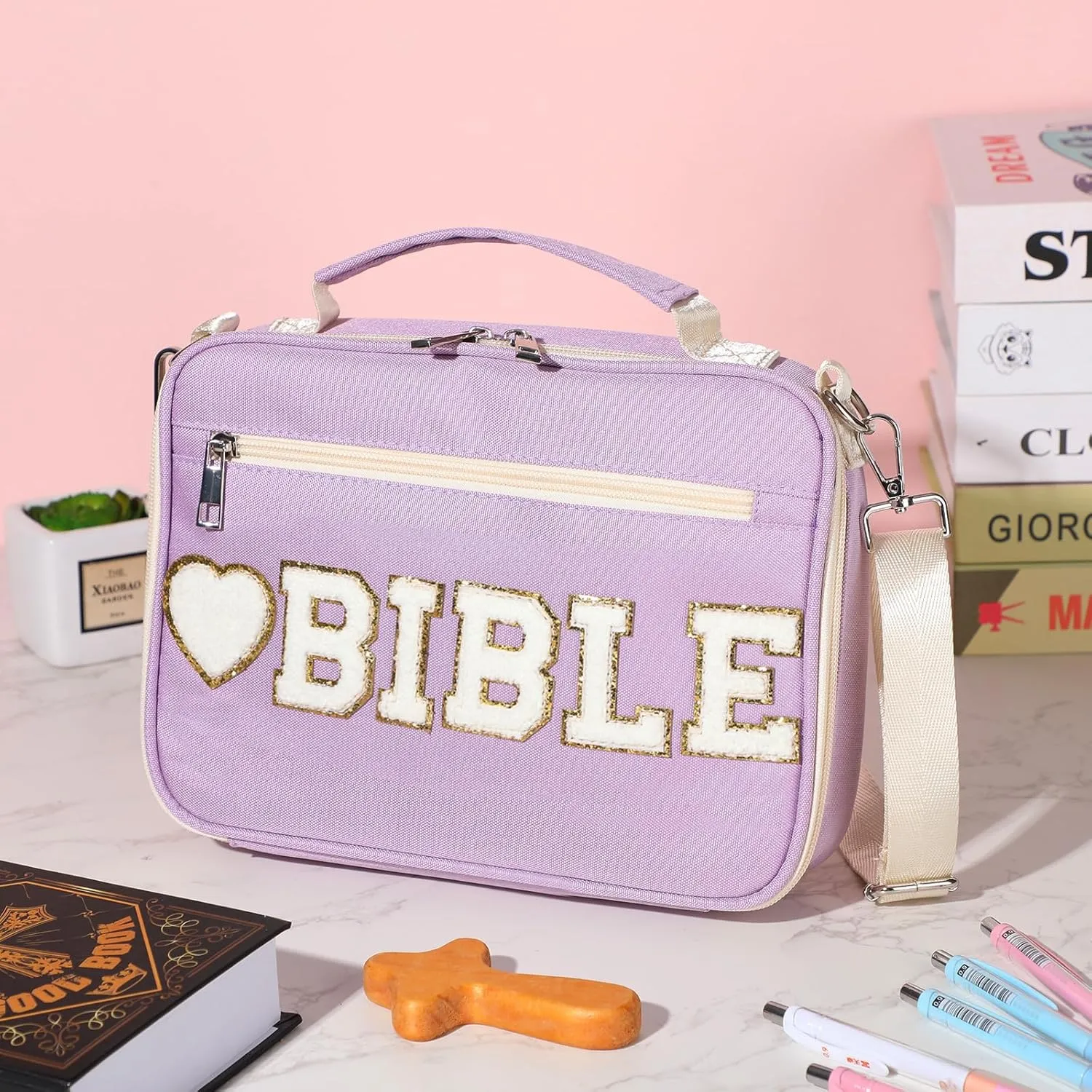 Silkfly Large Chenille Letter Bible Cover for Women Preppy Patch Bible Case Church Bag with Handle(Purple)