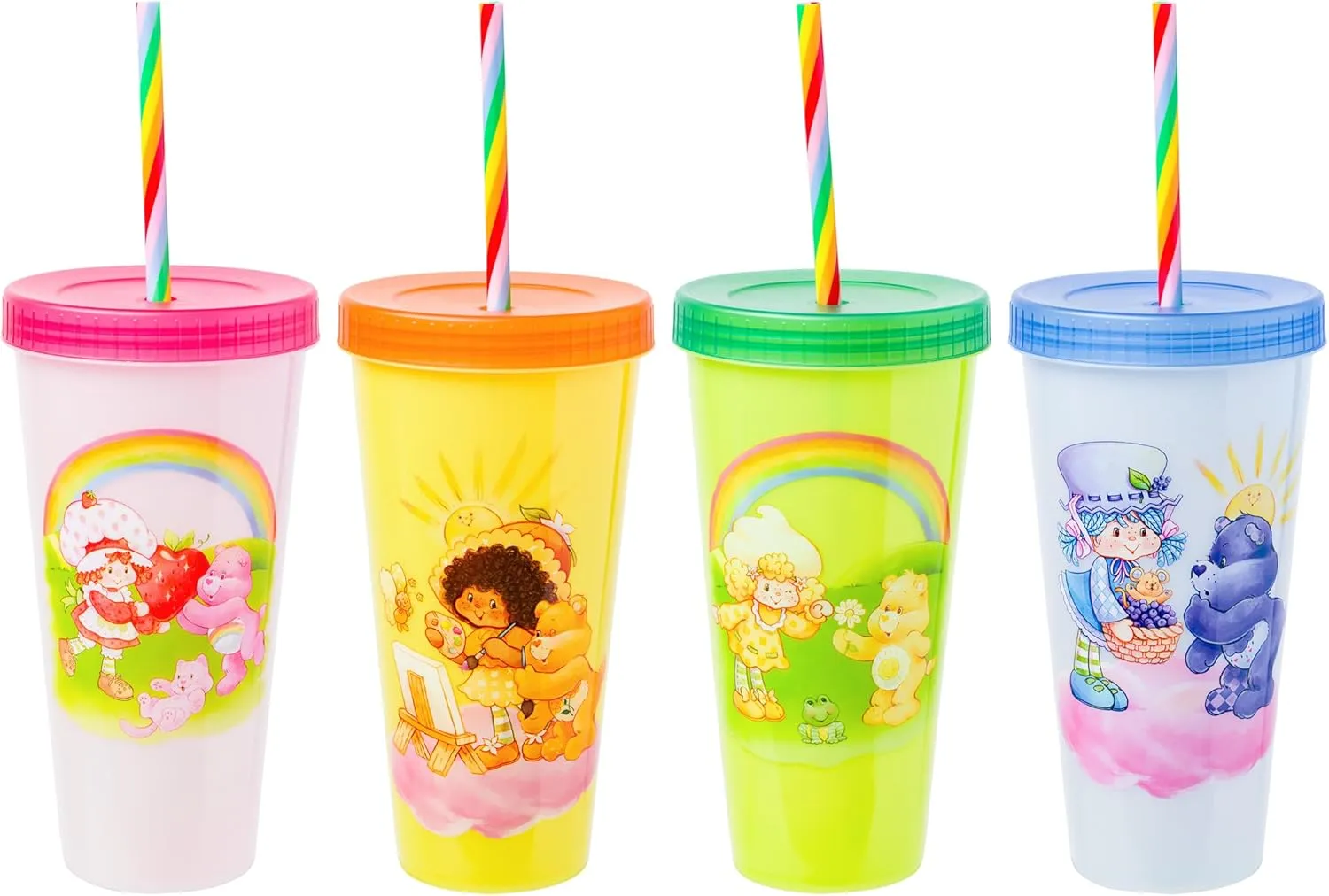 Silver Buffalo Care Bears and Strawberry Shortcake Pairs Scene Set 24oz 4 pack Color Change Plastic Tumbler