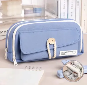 Simple Style Cotton Rope Pencil Holder - Large Capacity Multi-layered Pencil Case Organizer, Aesthetic Minimalist Fabric Pen Pouch with Zipper, Durable Eco-Friendly Pen Pouch Bag (Blue)