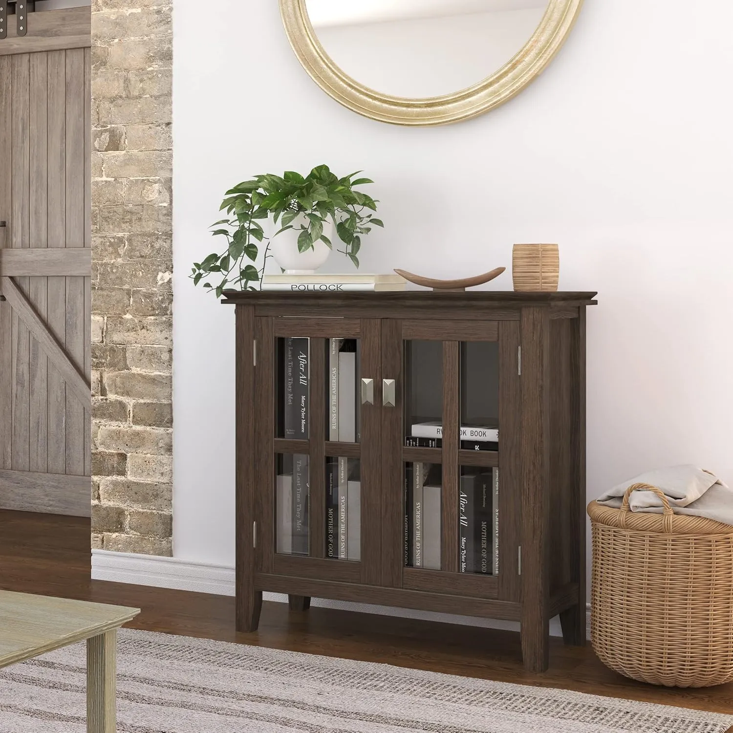 SIMPLIHOME Artisan SOLID WOOD 30 Inch Wide Contemporary Low Storage Cabinet in Farmhouse Brown, For the Living Room, Entryway and Family Room
