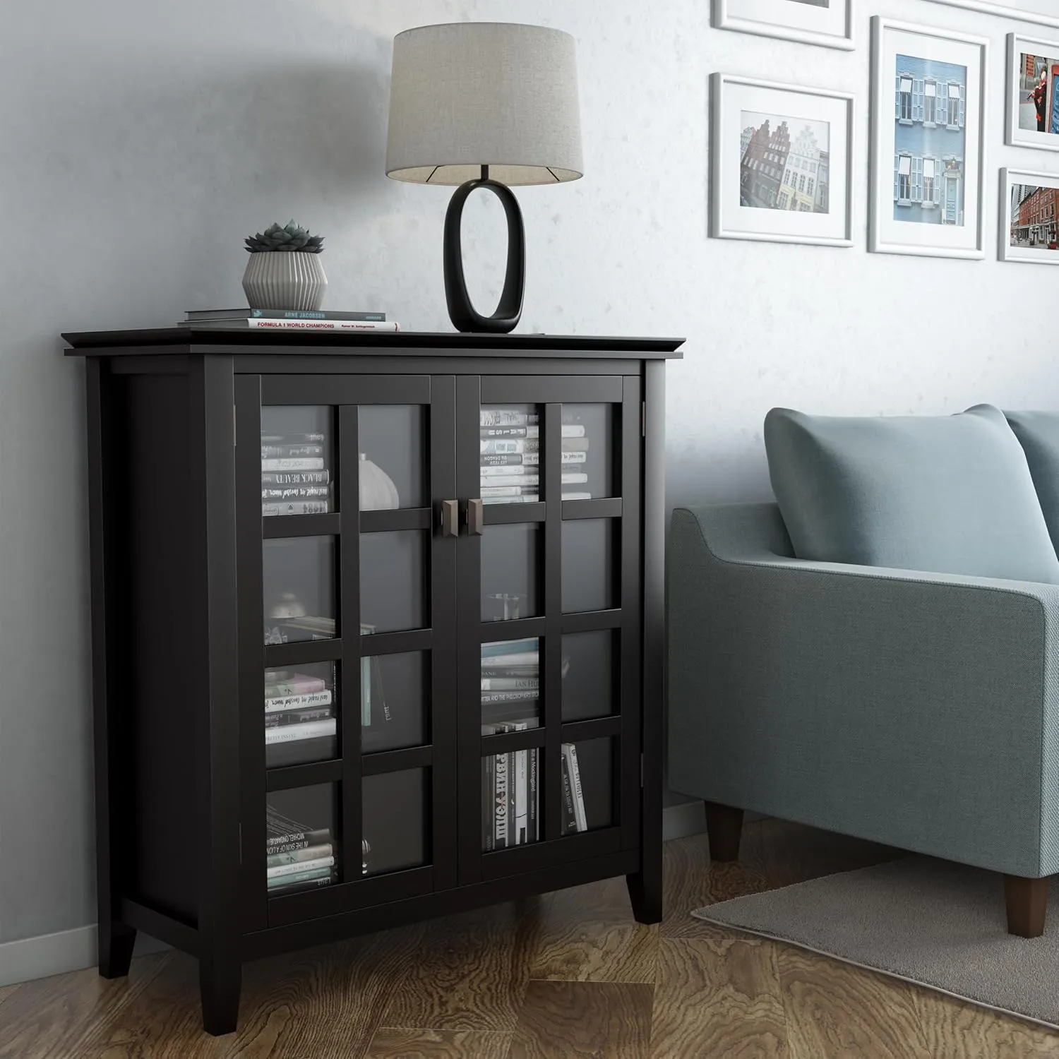 SIMPLIHOME Artisan SOLID WOOD 38 inch Wide Transitional Medium Storage Cabinet in Black for the Living Room, Entryway and Family Room