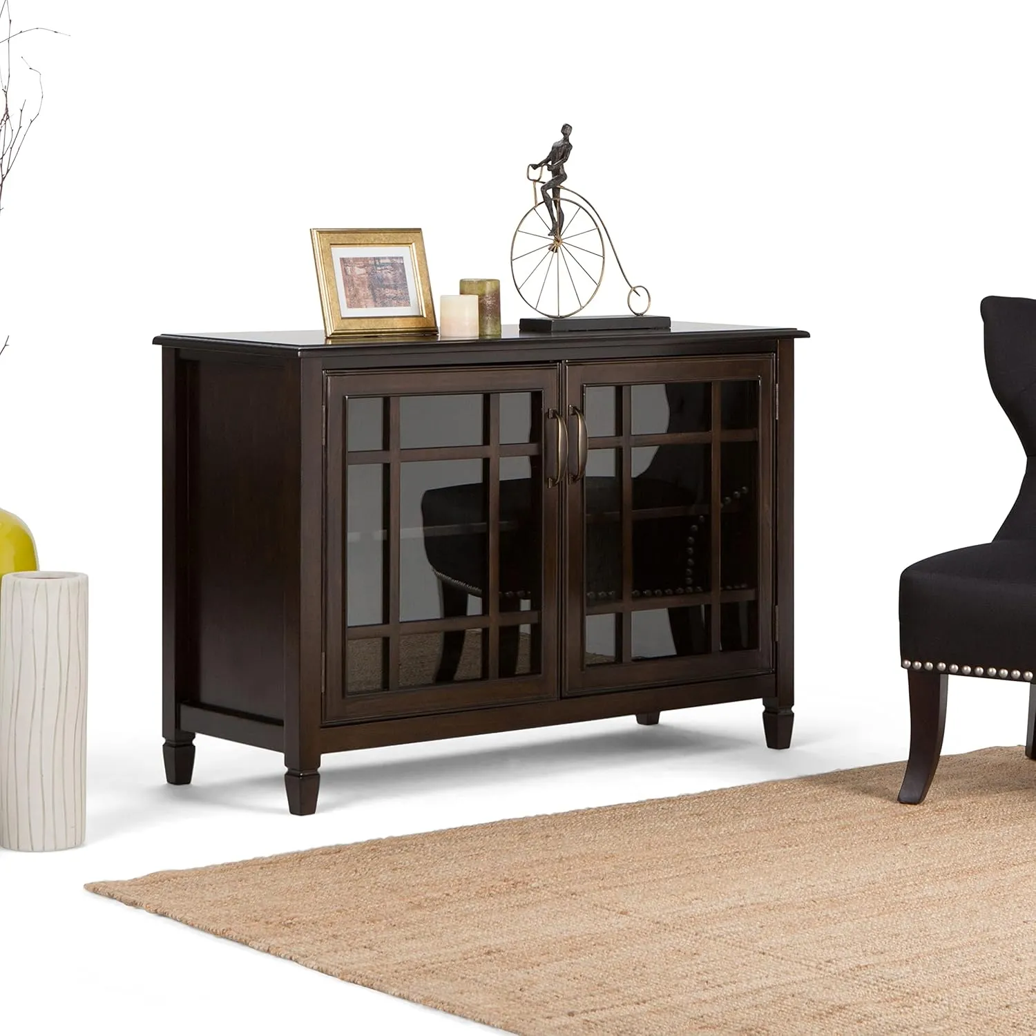 SIMPLIHOME Connaught SOLID WOOD 46 inch Wide Traditional Low Storage Cabinet in Dark Chestnut Brown for the Living Room, Entryway and Family Room