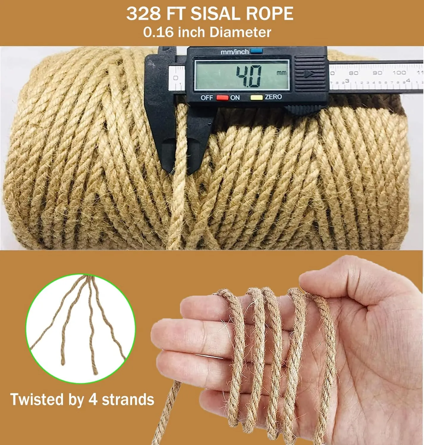 Sisal Rope for Cat Scratcher,Rope for Cat Scratch Post 4mm 328FT Jute Twine for Scratching Post Repairing, Recovering or DIY