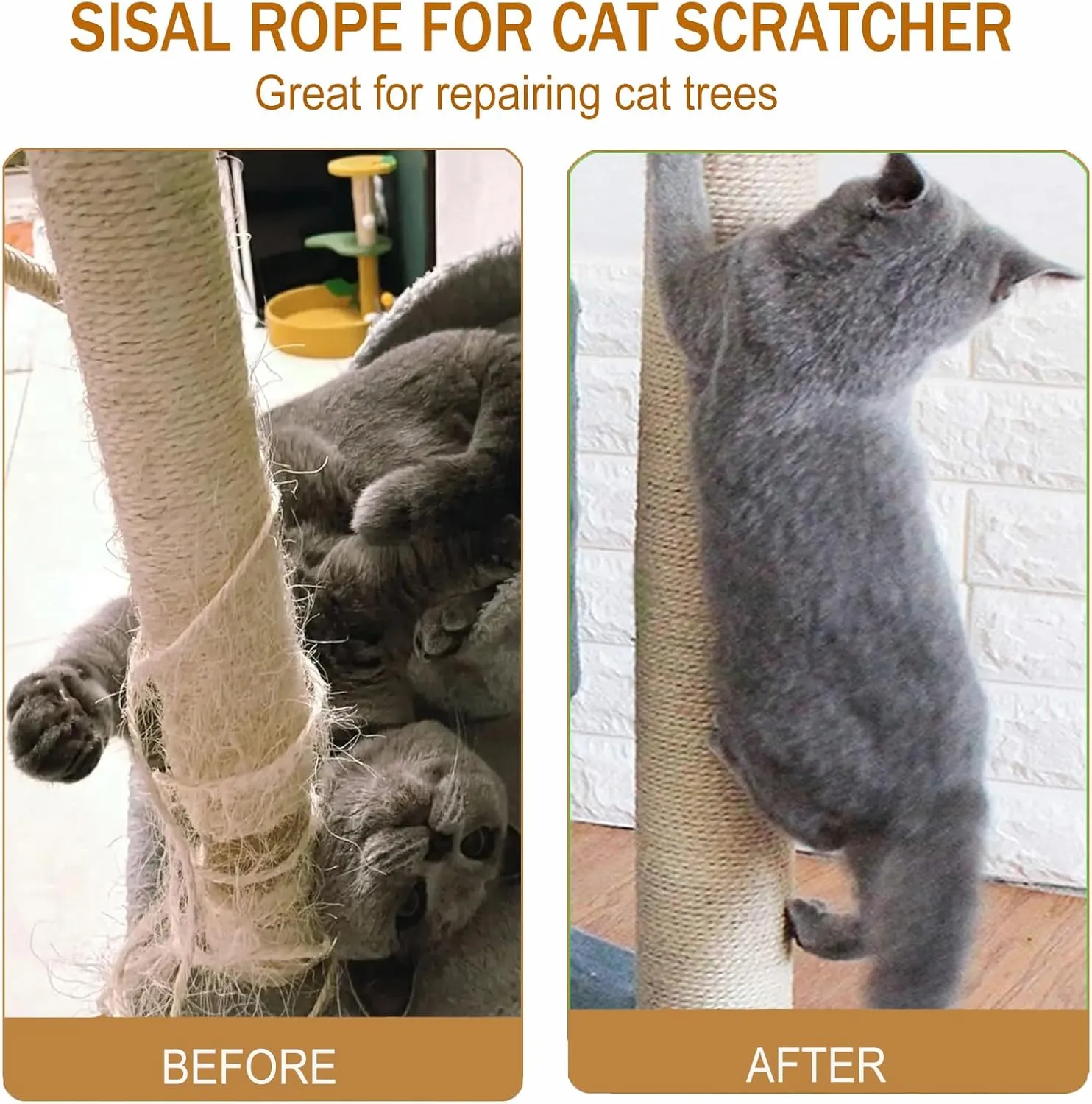 Sisal Rope for Cat Scratcher,Rope for Cat Scratch Post 4mm 328FT Jute Twine for Scratching Post Repairing, Recovering or DIY