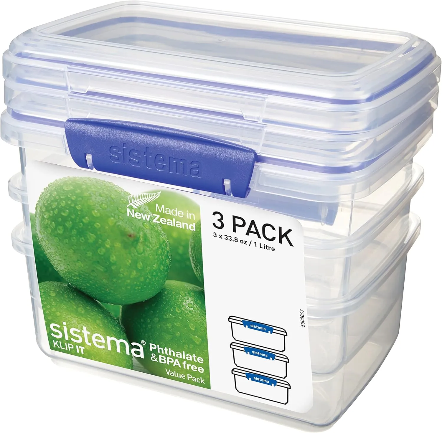 Sistema KLIP IT Rectangular Collection Food Storage Container, 33.8 oz./1.0 L, Clear/Blue, 3 Count