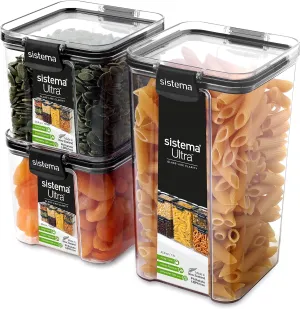 Sistema Ultra Tritan Airtight Pantry & Kitchen Storage Containers 3 Square Plastic Food Containers with Lids (1x 1.3L   2x 700ml) Stackable with Locking Clips BPA-Free [82008]