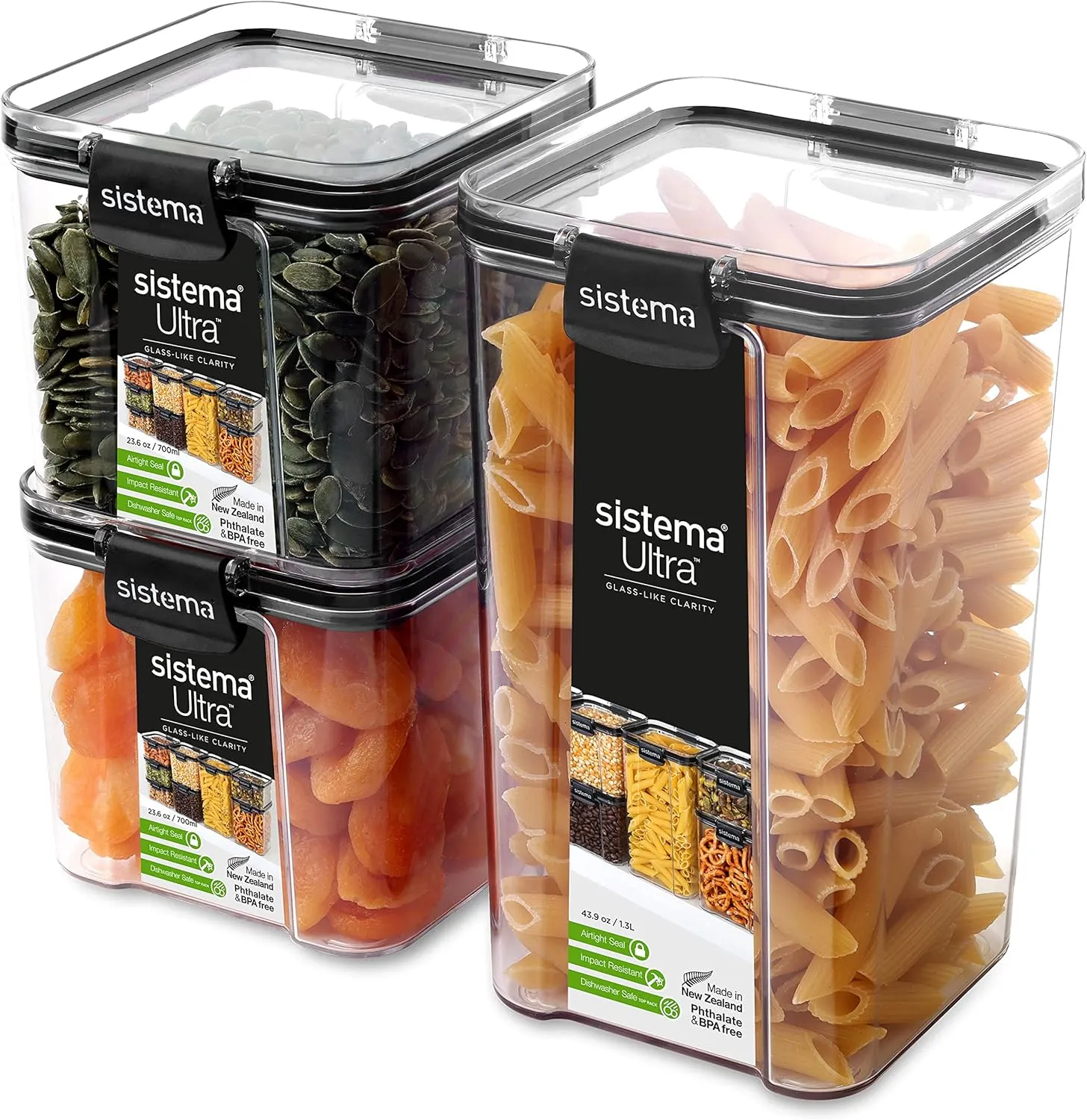 Sistema Ultra Tritan Airtight Pantry & Kitchen Storage Containers 3 Square Plastic Food Containers with Lids (1x 1.3L   2x 700ml) Stackable with Locking Clips BPA-Free [82008]