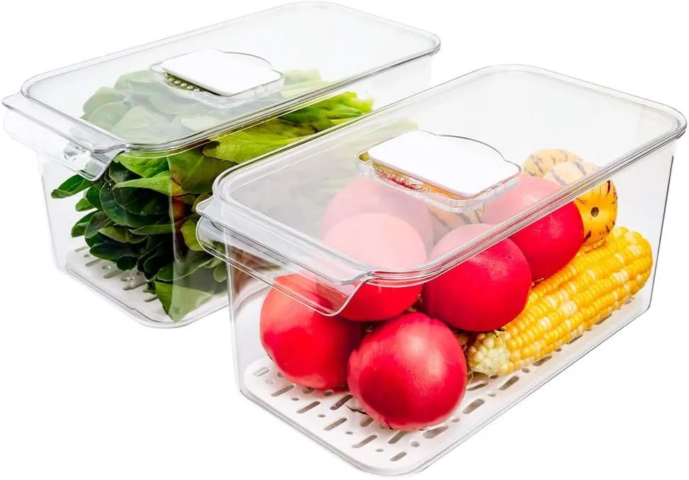 Slideep Refrigerator Food Storage Containers, Lettuce Keeper Large Produce Saver Stackable Container with Lids & Removable Drain Tray, Clear Veggie Fruit Salad Lettuce Container -2 Pack