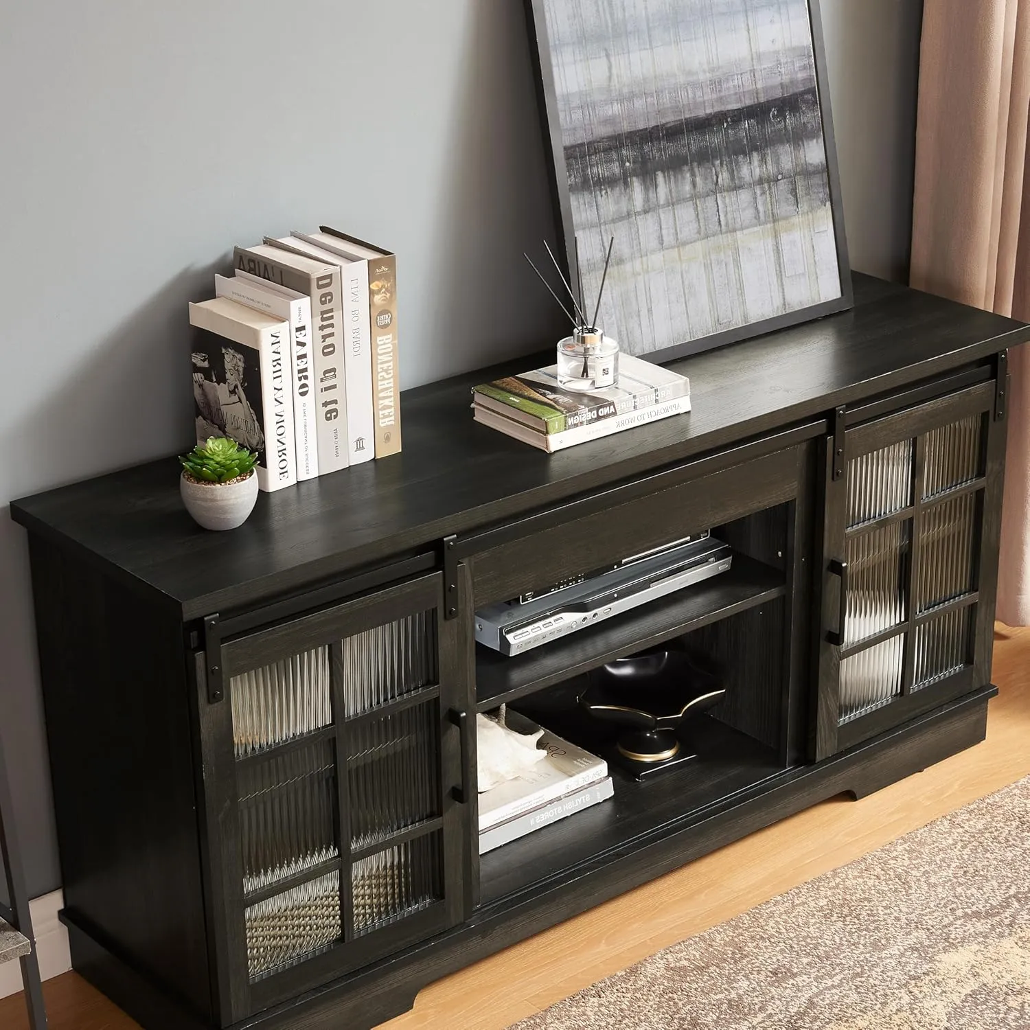 Sliding Door TV Stand, 59" W Entertainment Center Console Table with 2 Sliding Fluted Glass Tempered Doors for TV Up to 65'', Large Storage Cabinet for Living Room