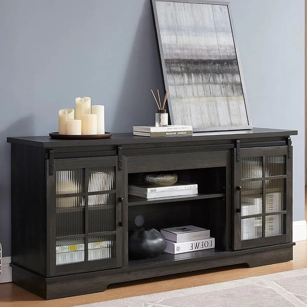 Sliding Door TV Stand, 59" W Entertainment Center Console Table with 2 Sliding Fluted Glass Tempered Doors for TV Up to 65'', Large Storage Cabinet for Living Room