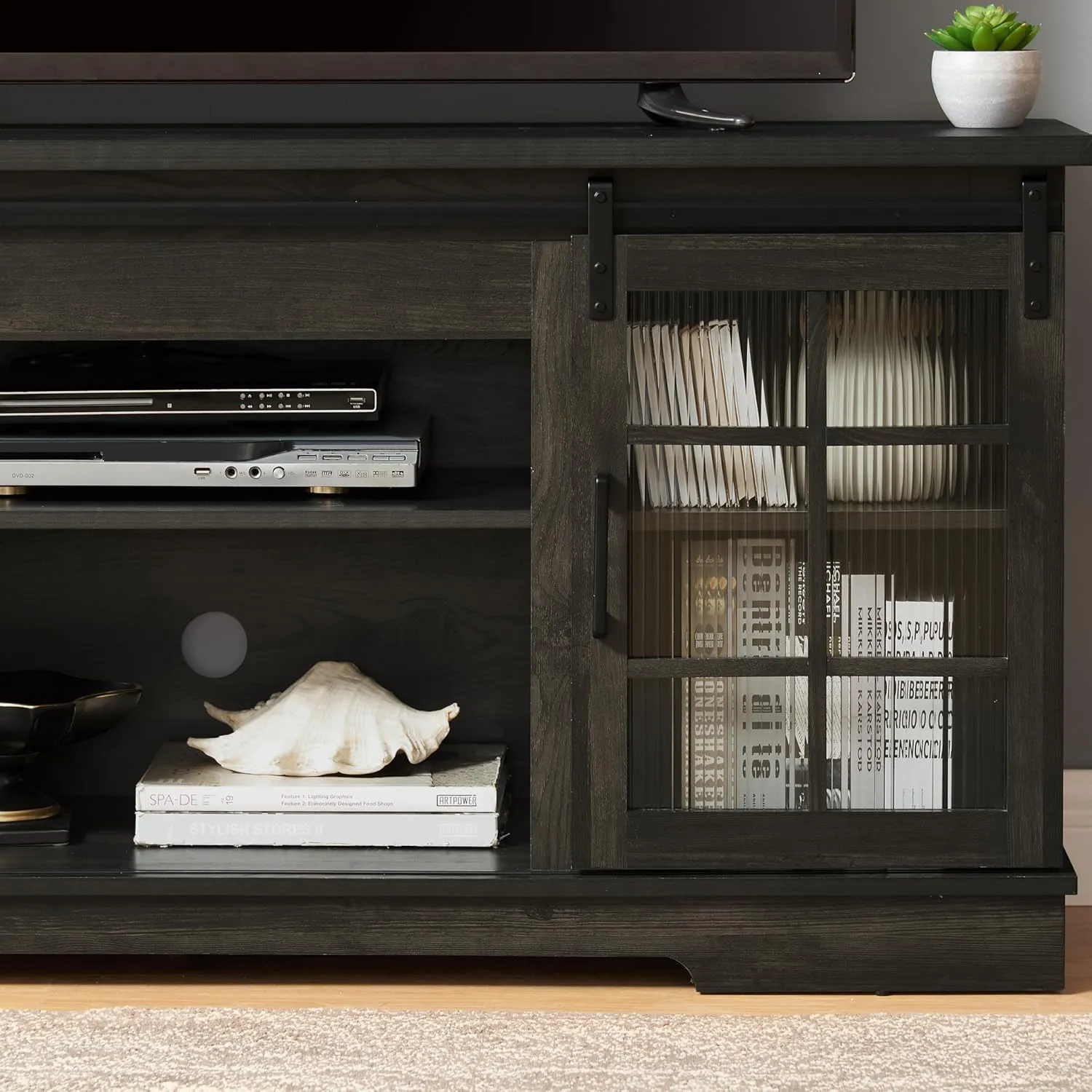 Sliding Door TV Stand, 59" W Entertainment Center Console Table with 2 Sliding Fluted Glass Tempered Doors for TV Up to 65'', Large Storage Cabinet for Living Room