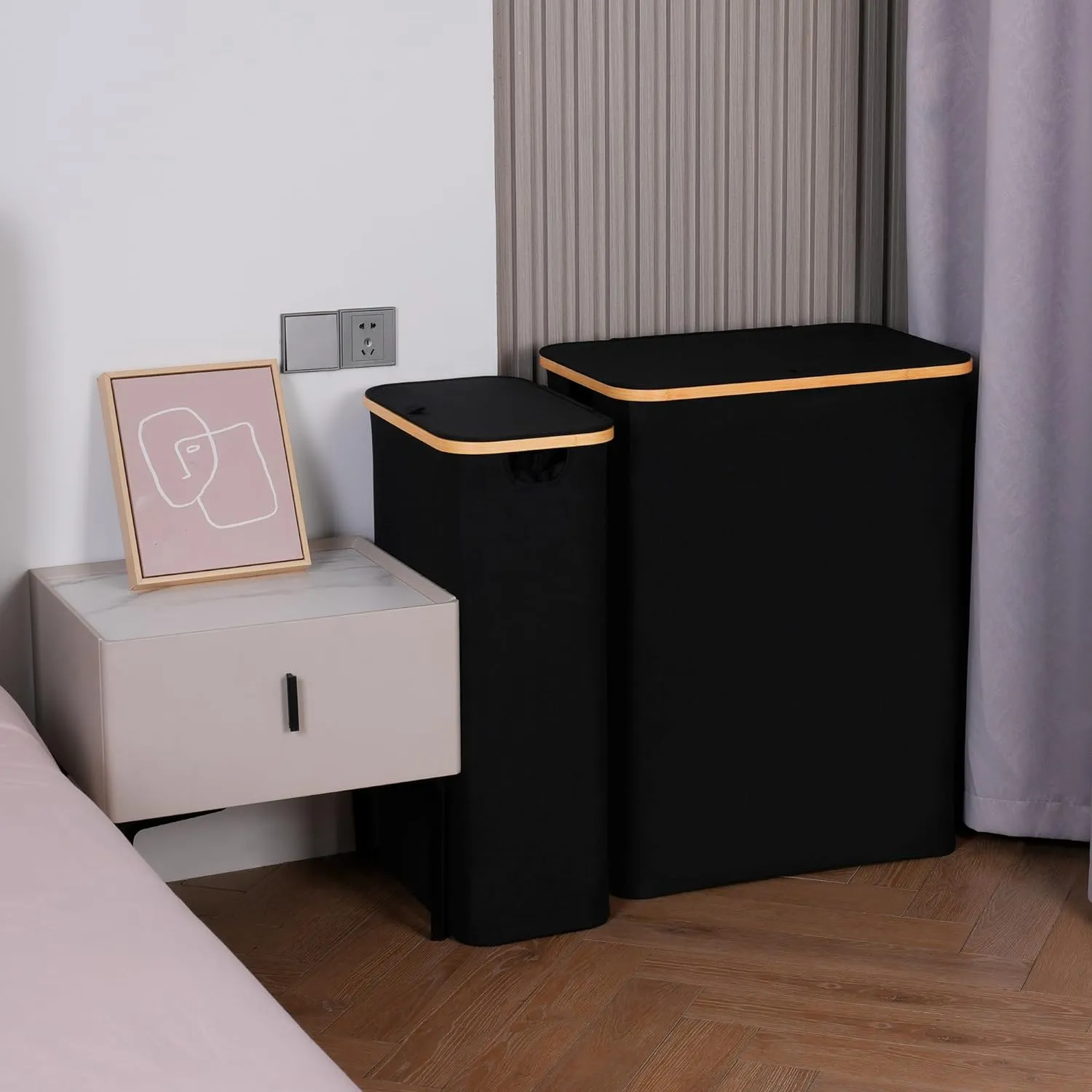 Slim Laundry Basket with Lid, Narrow Laundry Hamper with Removable Bag, Skinny Dirty Clothes Basket with Bamboo Handles for Bathroom, Bedroom & Laundry Room, 75L Black