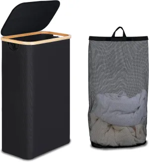 Slim Laundry Basket with Lid, Narrow Laundry Hamper with Removable Bag, Skinny Dirty Clothes Basket with Bamboo Handles for Bathroom, Bedroom & Laundry Room, 75L Black