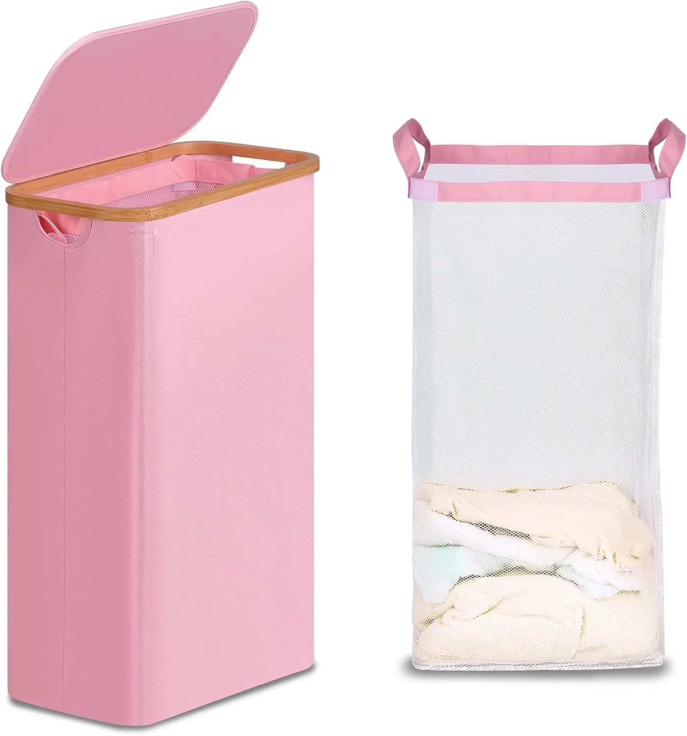 Slim Laundry Basket with Lid, Narrow Laundry Hamper with Removable Bag, Skinny Dirty Clothes Basket with Bamboo Handles for Bathroom, Bedroom & Laundry Room, 75L Pink