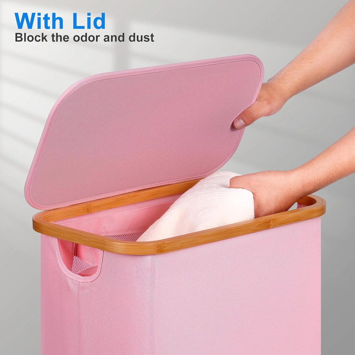 Slim Laundry Basket with Lid, Narrow Laundry Hamper with Removable Bag, Skinny Dirty Clothes Basket with Bamboo Handles for Bathroom, Bedroom & Laundry Room, 75L Pink