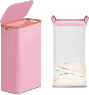 Slim Laundry Basket with Lid, Narrow Laundry Hamper with Removable Bag, Skinny Dirty Clothes Basket with Bamboo Handles for Bathroom, Bedroom & Laundry Room, 75L Pink
