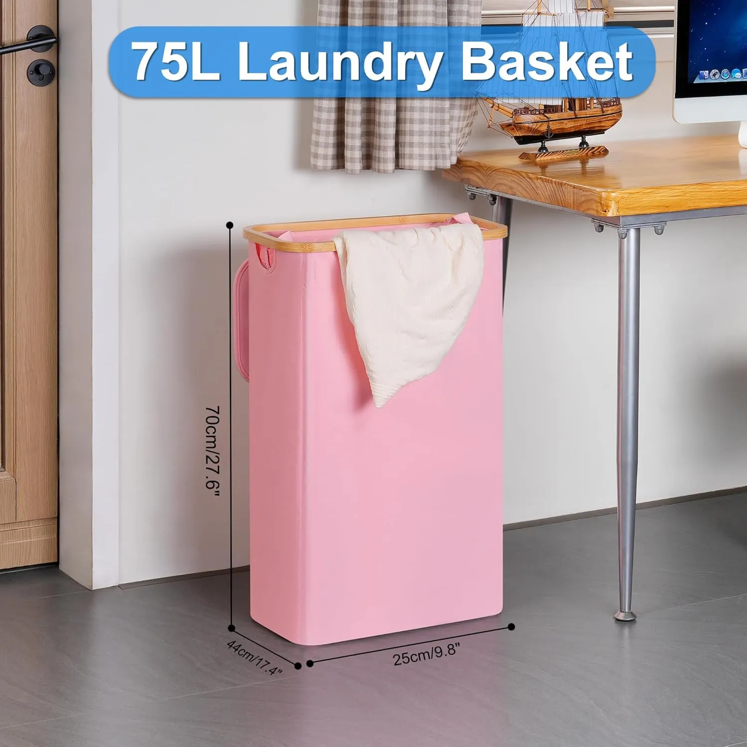 Slim Laundry Basket with Lid, Narrow Laundry Hamper with Removable Bag, Skinny Dirty Clothes Basket with Bamboo Handles for Bathroom, Bedroom & Laundry Room, 75L Pink