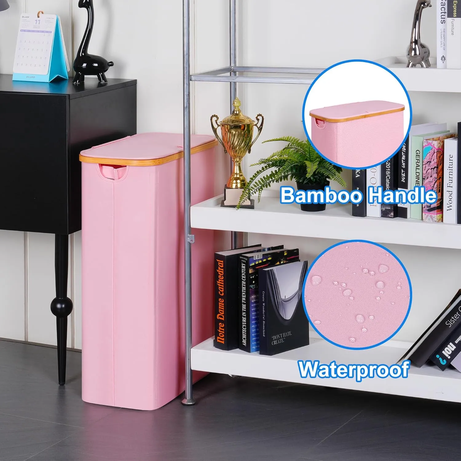 Slim Laundry Basket with Lid, Narrow Laundry Hamper with Removable Bag, Skinny Dirty Clothes Basket with Bamboo Handles for Bathroom, Bedroom & Laundry Room, 75L Pink