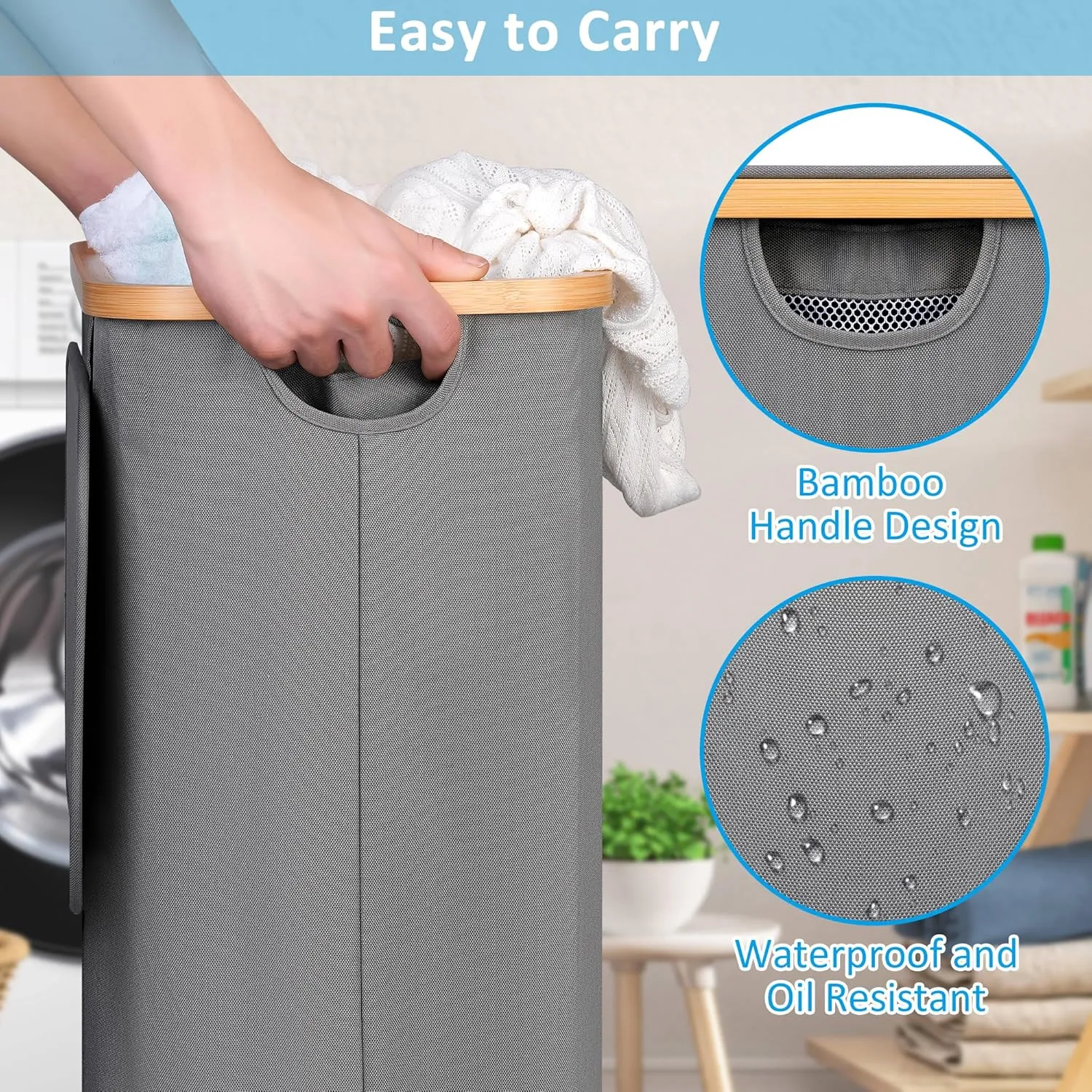 Slim Laundry Basket with Wheels, Narrow Rolling Laundry Hamper with Lid and Removable Bag, Tall Aesthetic Dirty Clothes Hamper on Wheels for Laundry Room, Bedroom, Dorm and Bathroom, 75L Grey
