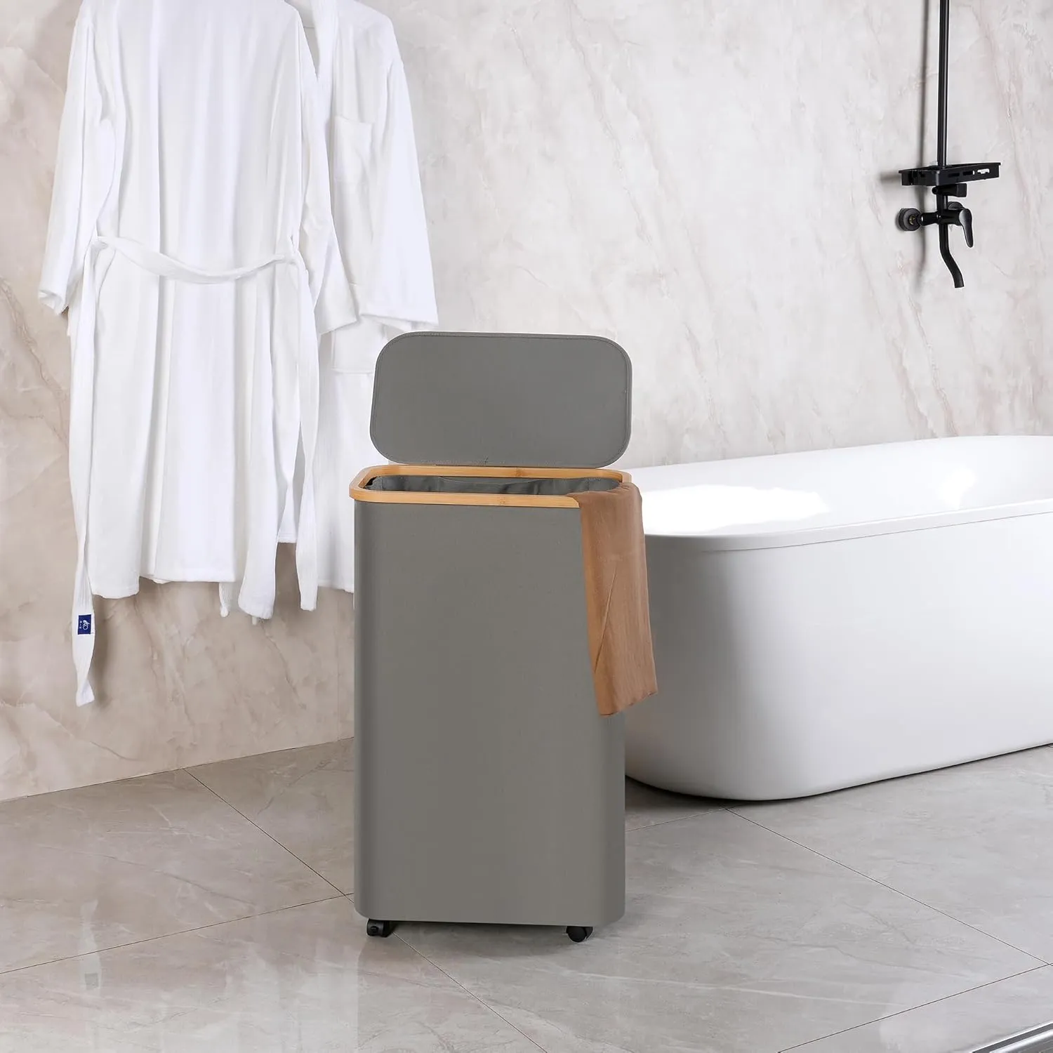 Slim Laundry Basket with Wheels, Narrow Rolling Laundry Hamper with Lid and Removable Bag, Tall Aesthetic Dirty Clothes Hamper on Wheels for Laundry Room, Bedroom, Dorm and Bathroom, 75L Grey