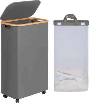 Slim Laundry Basket with Wheels, Narrow Rolling Laundry Hamper with Lid and Removable Bag, Tall Aesthetic Dirty Clothes Hamper on Wheels for Laundry Room, Bedroom, Dorm and Bathroom, 75L Grey