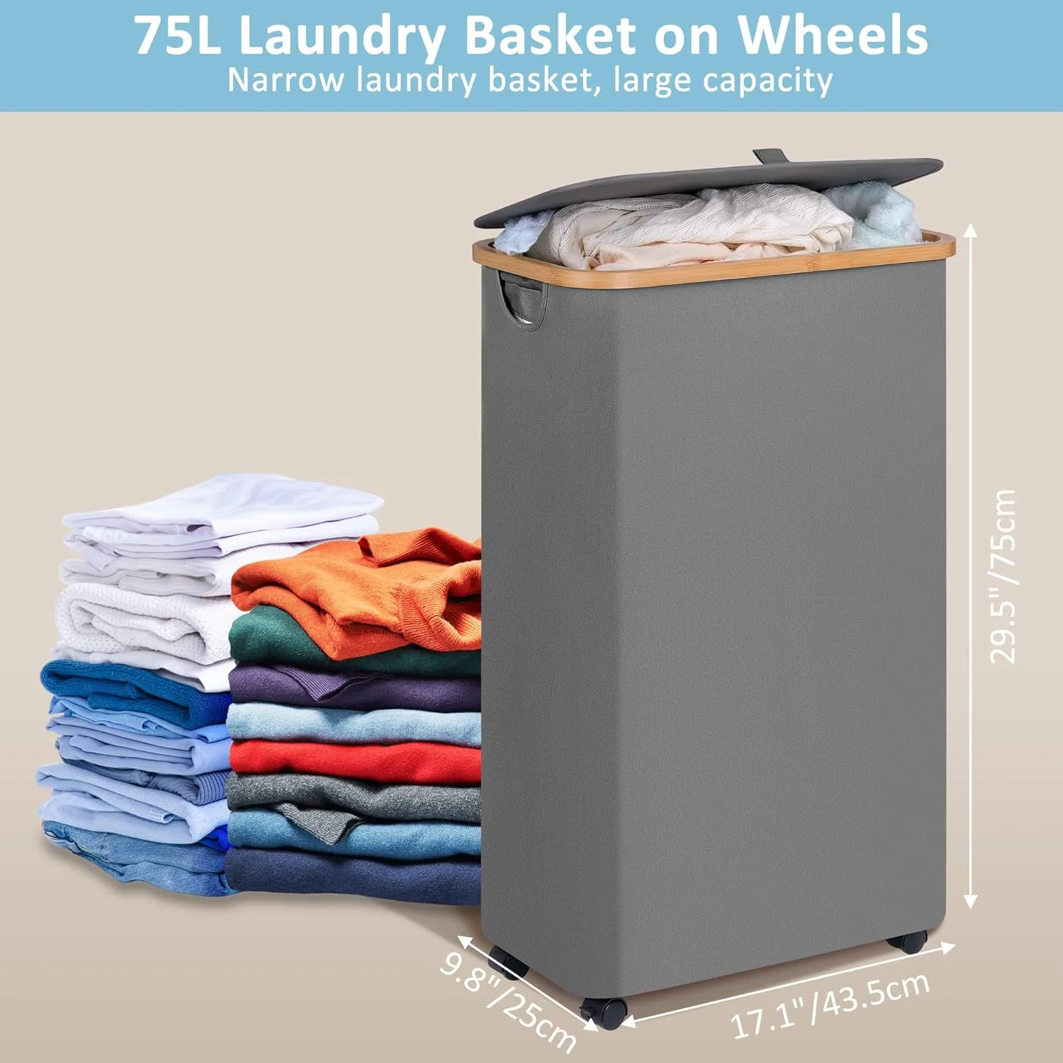 Slim Laundry Basket with Wheels, Narrow Rolling Laundry Hamper with Lid and Removable Bag, Tall Aesthetic Dirty Clothes Hamper on Wheels for Laundry Room, Bedroom, Dorm and Bathroom, 75L Grey