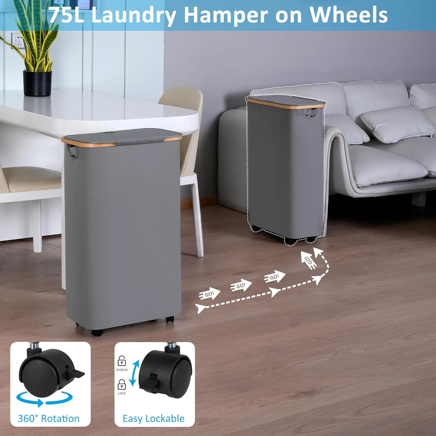 Slim Laundry Basket with Wheels, Narrow Rolling Laundry Hamper with Lid and Removable Bag, Tall Aesthetic Dirty Clothes Hamper on Wheels for Laundry Room, Bedroom, Dorm and Bathroom, 75L Grey