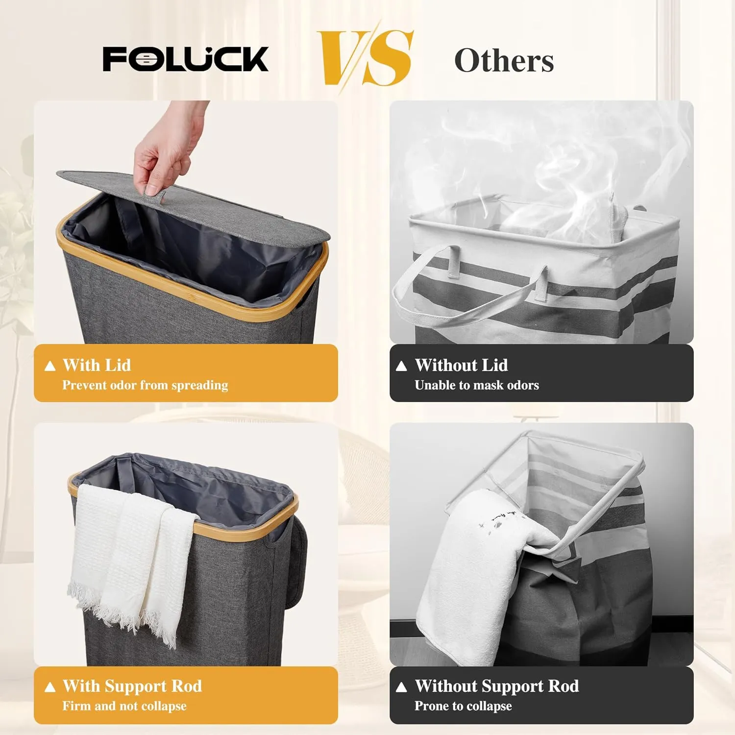 Slim Laundry Hamper, 60L Waterproof Narrow Laundry Basket with Lid and Removable Bag, Collapsible Tall Clothes Hamper with Bamboo Handles for Clothes Toys in Dorm Bedroom Bathroom, Grey