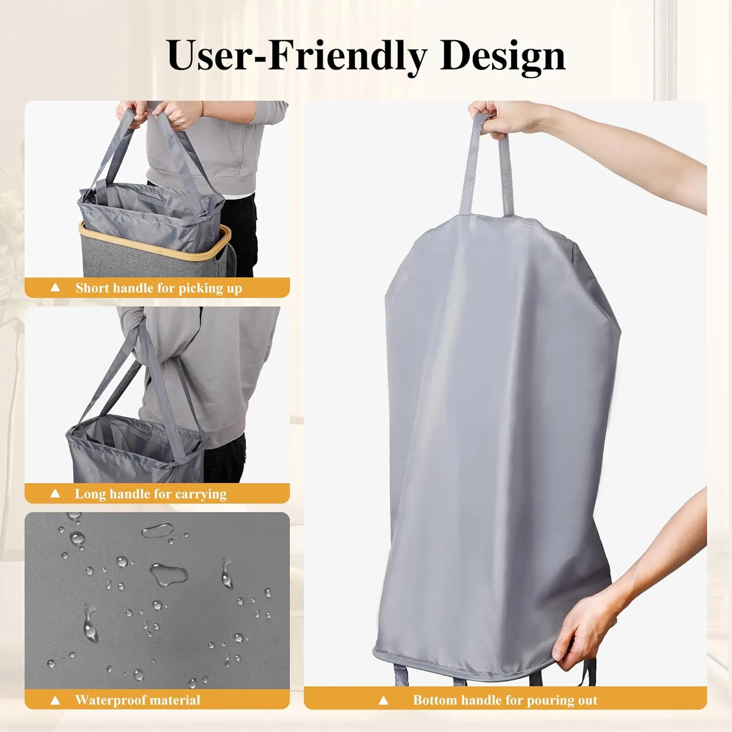 Slim Laundry Hamper, 60L Waterproof Narrow Laundry Basket with Lid and Removable Bag, Collapsible Tall Clothes Hamper with Bamboo Handles for Clothes Toys in Dorm Bedroom Bathroom, Grey