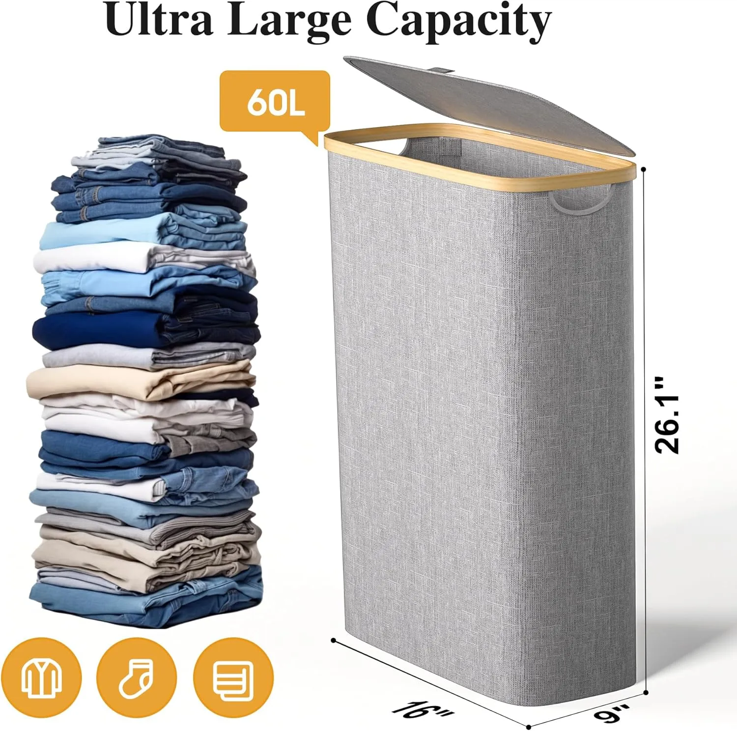 Slim Laundry Hamper, 60L Waterproof Narrow Laundry Basket with Lid and Removable Bag, Collapsible Tall Clothes Hamper with Bamboo Handles for Clothes Toys in Dorm Bedroom Bathroom, Grey