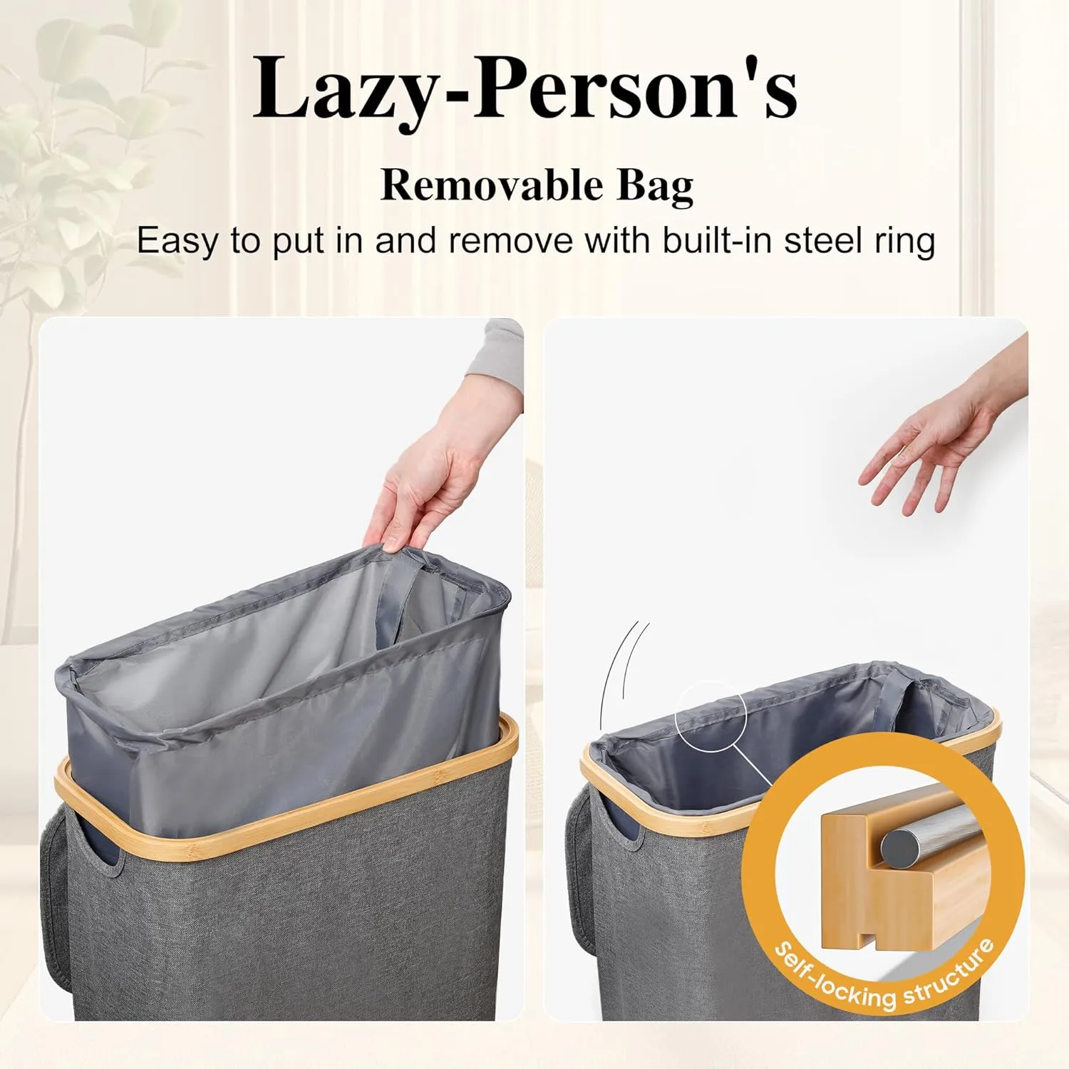 Slim Laundry Hamper, 60L Waterproof Narrow Laundry Basket with Lid and Removable Bag, Collapsible Tall Clothes Hamper with Bamboo Handles for Clothes Toys in Dorm Bedroom Bathroom, Grey