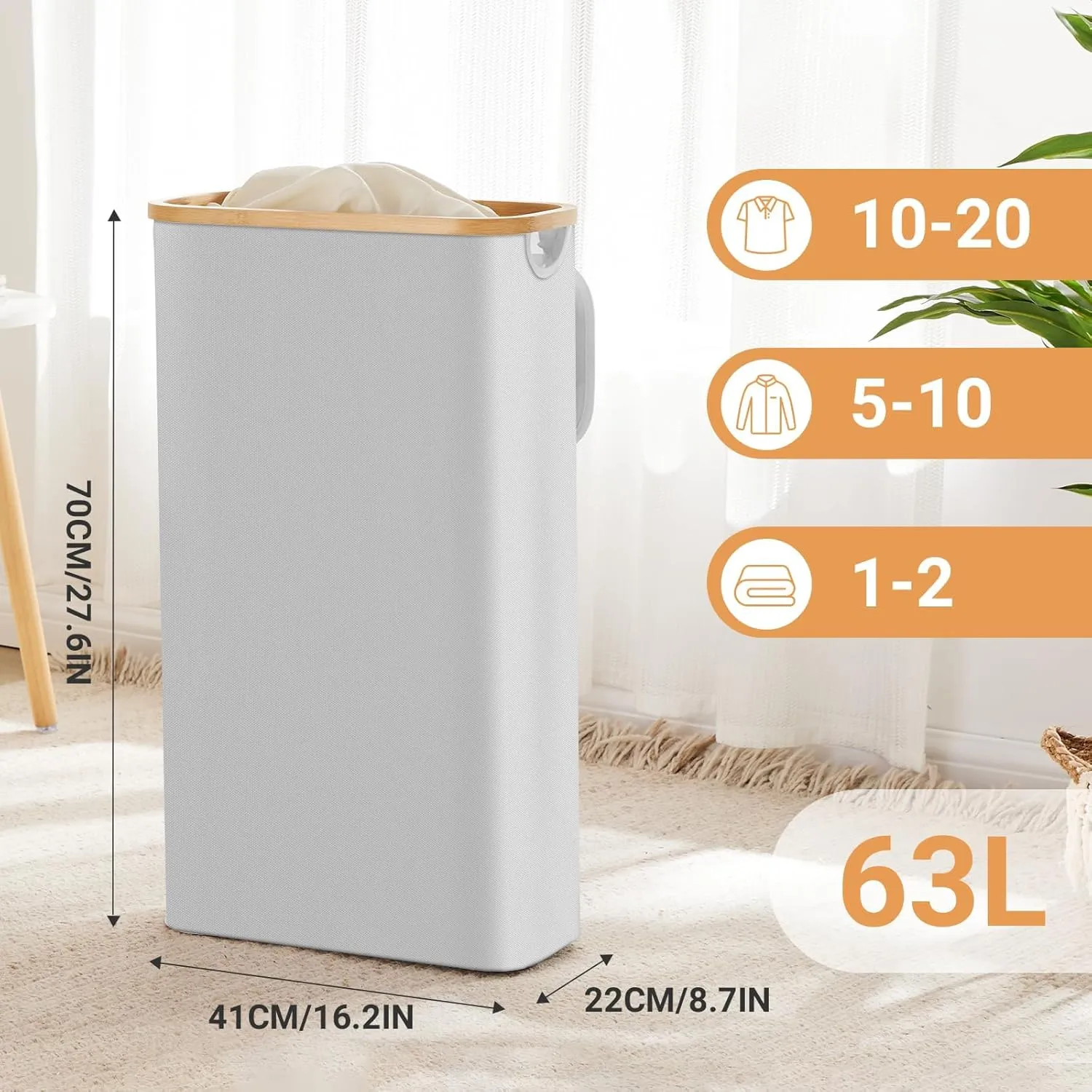 Slim Laundry Hamper with Lid by Fiona's magic, 63L Narrow Laundry Basket with Removable Bag, Grey Collapsible Dirty Clothes Basket, Thin Tall Storage Basket for Bathroom, Bedroom (Gray 2Pack)