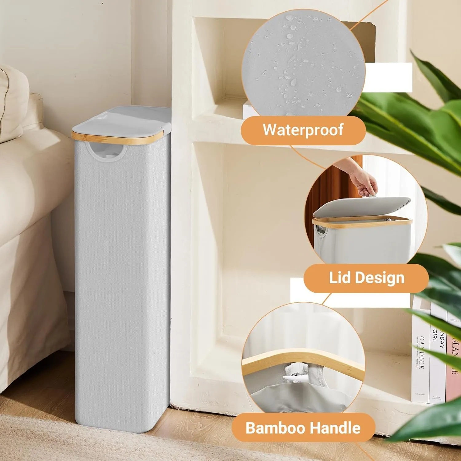 Slim Laundry Hamper with Lid by Fiona's magic, 63L Narrow Laundry Basket with Removable Bag, Grey Collapsible Dirty Clothes Basket, Thin Tall Storage Basket for Bathroom, Bedroom (Gray 2Pack)