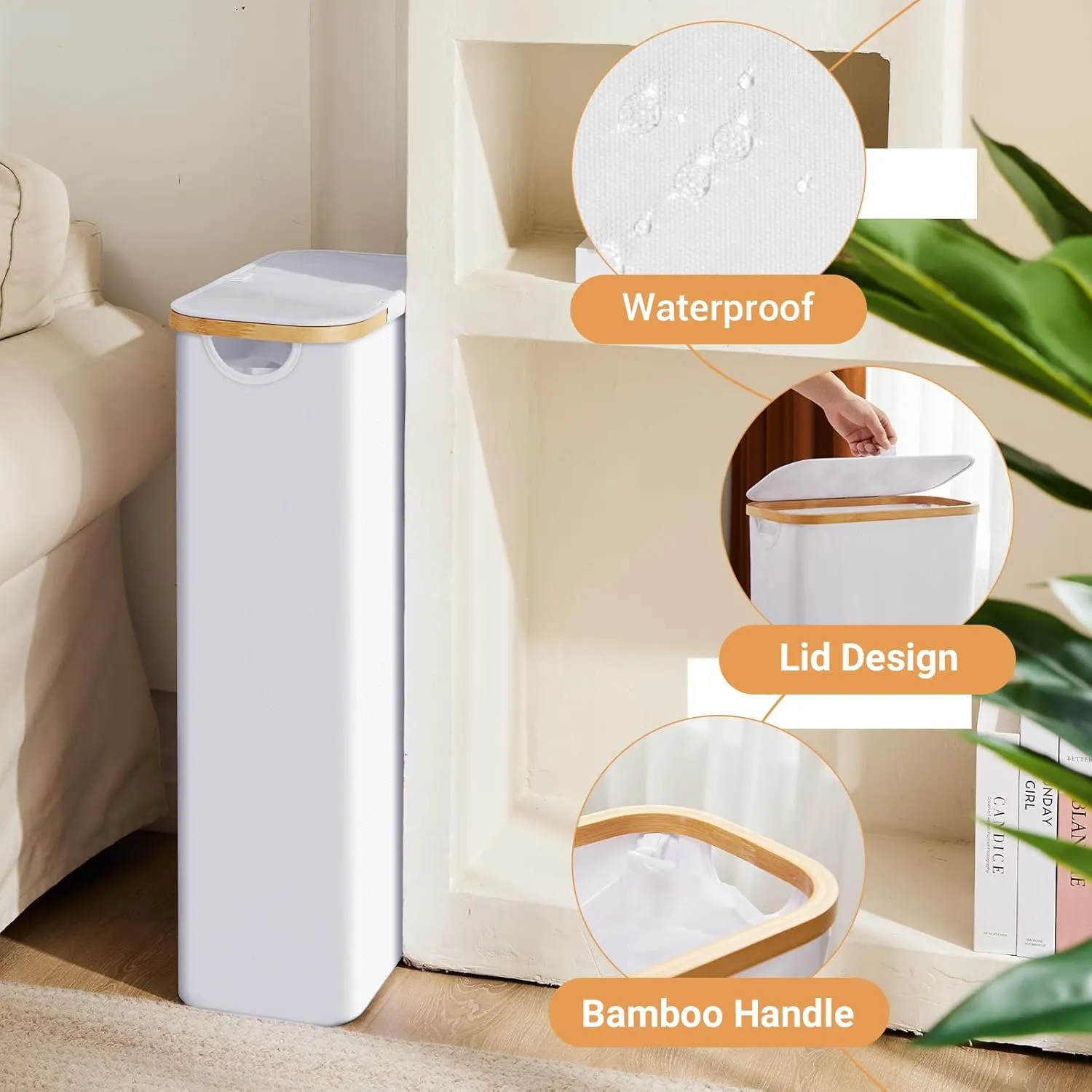 Slim Laundry Hamper with Lid by Fiona's magic, 63L Narrow Laundry Basket with Removable Bag, White Collapsible Dirty Clothes Basket, Thin Tall Storage Basket for Bathroom, Bedroom