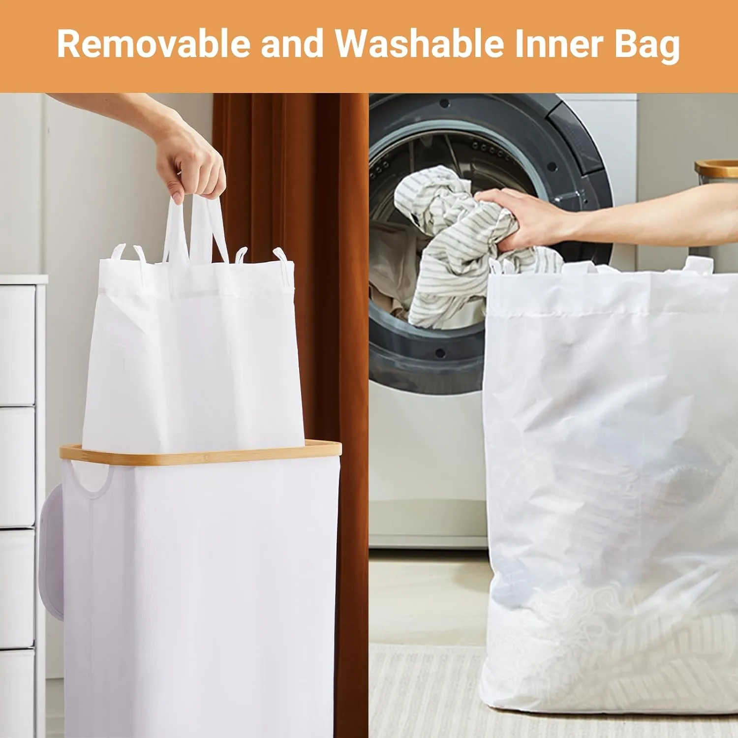Slim Laundry Hamper with Lid by Fiona's magic, 63L Narrow Laundry Basket with Removable Bag, White Collapsible Dirty Clothes Basket, Thin Tall Storage Basket for Bathroom, Bedroom