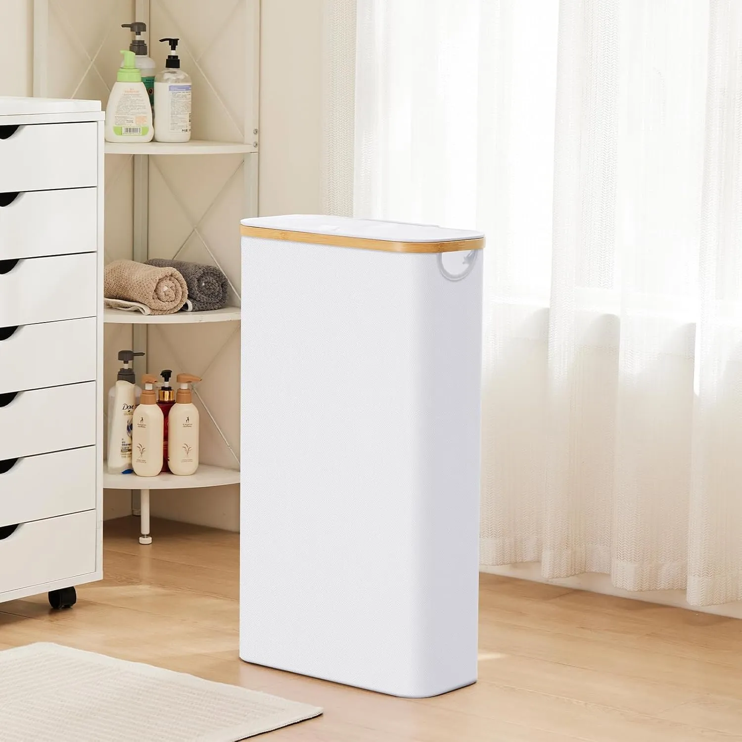 Slim Laundry Hamper with Lid by Fiona's magic, 63L Narrow Laundry Basket with Removable Bag, White Collapsible Dirty Clothes Basket, Thin Tall Storage Basket for Bathroom, Bedroom