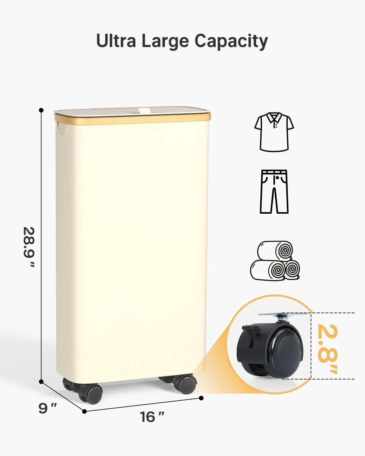 Slim Laundry Hamper with Wheels, 60L Rolling Laundry Basket with Lid and 2-Inch Silent Wheels, Small Clothes Hamper with Bamboo Handles for Clothes Toys in Dorm Bedroom Bathroom, Beige