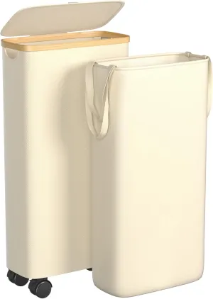 Slim Laundry Hamper with Wheels, 60L Rolling Laundry Basket with Lid and 2-Inch Silent Wheels, Small Clothes Hamper with Bamboo Handles for Clothes Toys in Dorm Bedroom Bathroom, Beige