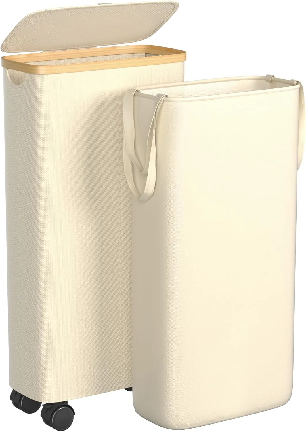 Slim Laundry Hamper with Wheels, 60L Rolling Laundry Basket with Lid and 2-Inch Silent Wheels, Small Clothes Hamper with Bamboo Handles for Clothes Toys in Dorm Bedroom Bathroom, Beige