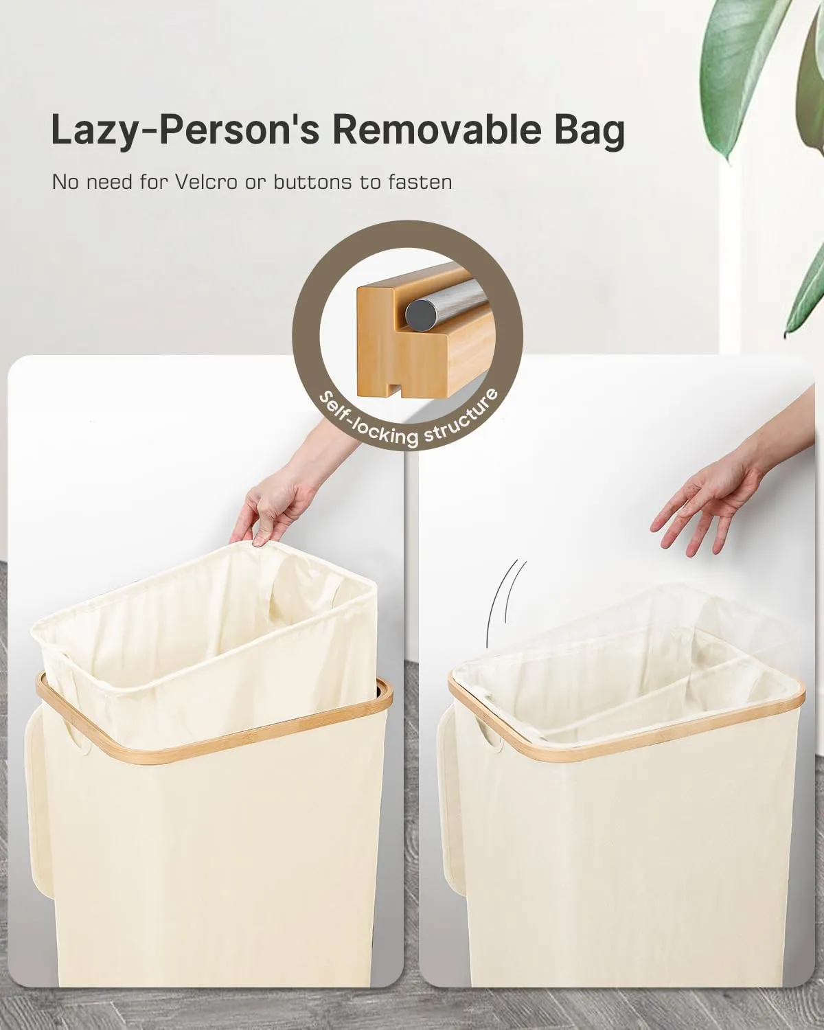 Slim Laundry Hamper with Wheels, 60L Rolling Laundry Basket with Lid and 2-Inch Silent Wheels, Small Clothes Hamper with Bamboo Handles for Clothes Toys in Dorm Bedroom Bathroom, Beige