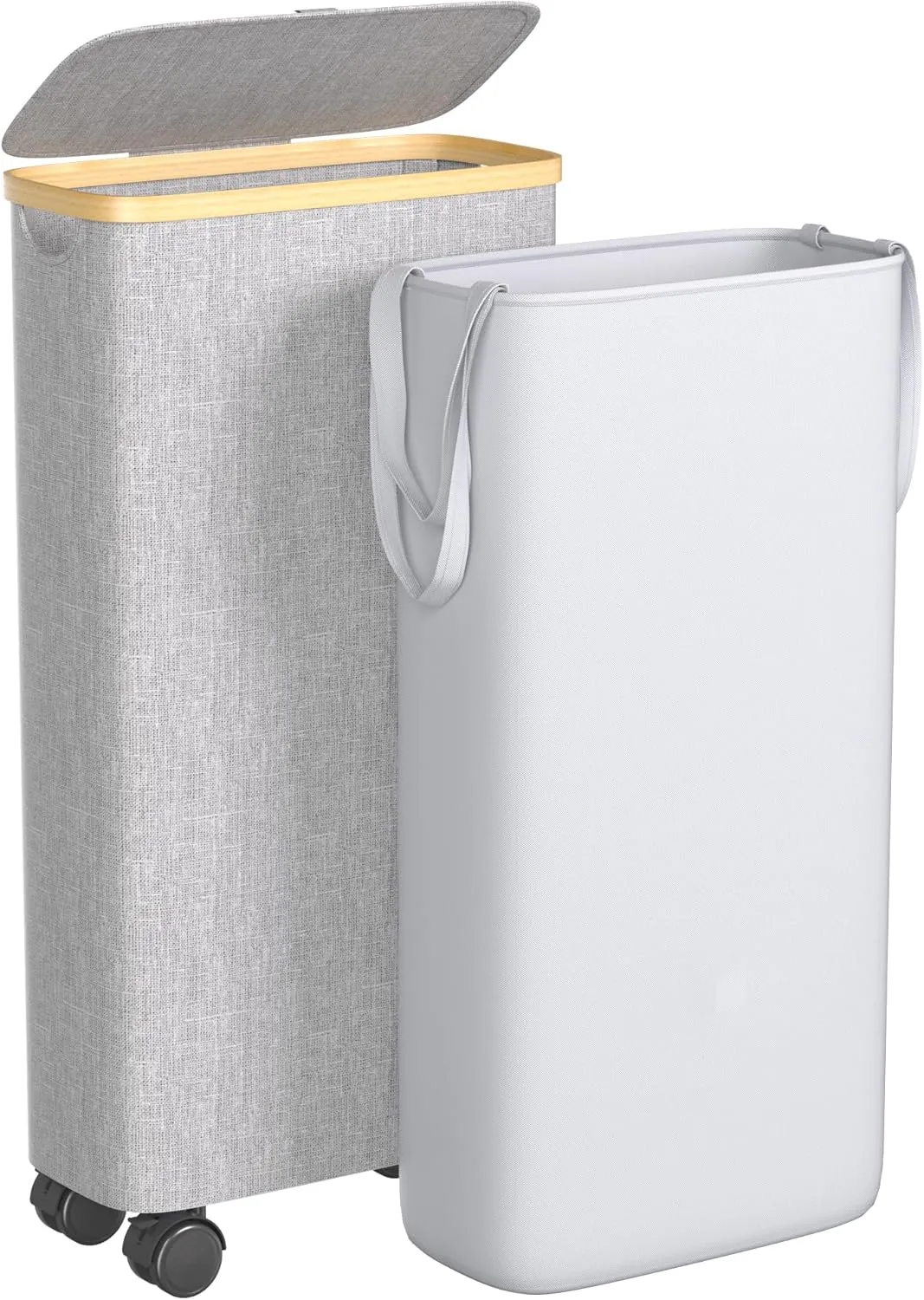 Slim Laundry Hamper with Wheels, 60L Rolling Laundry Basket with Lid and 2-Inch Silent Wheels, Small Clothes Hamper with Bamboo Handles for Clothes Toys in Dorm Bedroom Bathroom, Grey