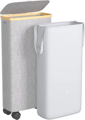 Slim Laundry Hamper with Wheels, 60L Rolling Laundry Basket with Lid and 2-Inch Silent Wheels, Small Clothes Hamper with Bamboo Handles for Clothes Toys in Dorm Bedroom Bathroom, Grey
