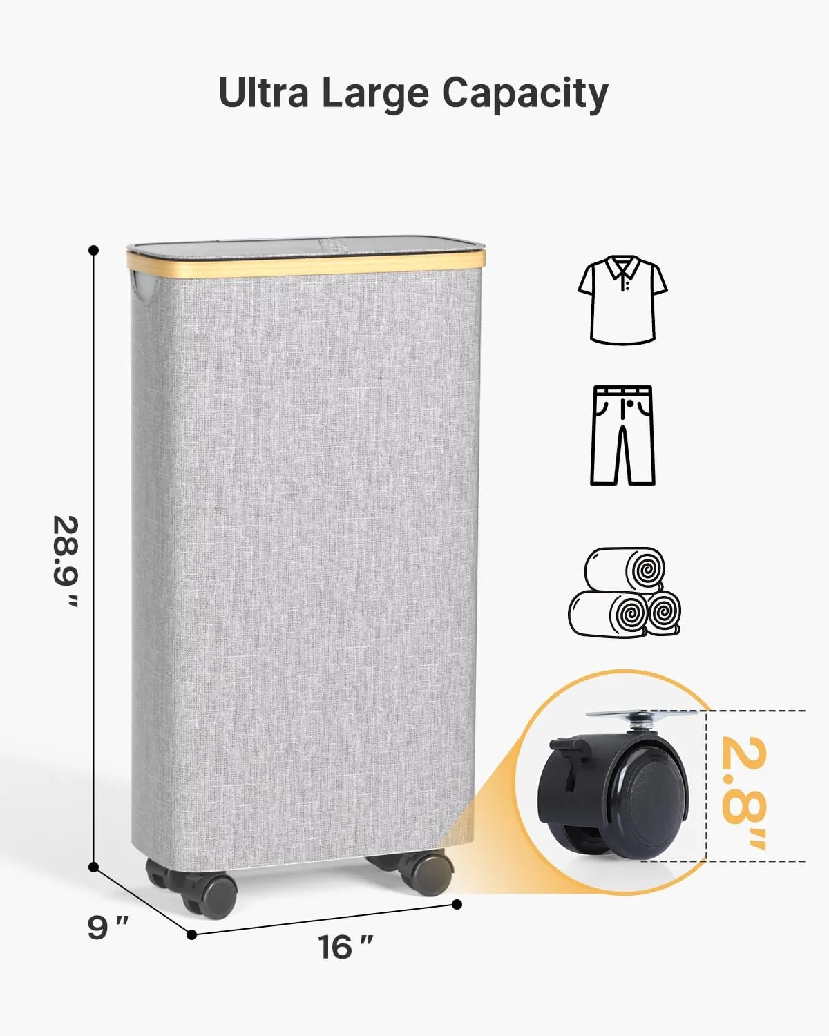 Slim Laundry Hamper with Wheels, 60L Rolling Laundry Basket with Lid and 2-Inch Silent Wheels, Small Clothes Hamper with Bamboo Handles for Clothes Toys in Dorm Bedroom Bathroom, Grey