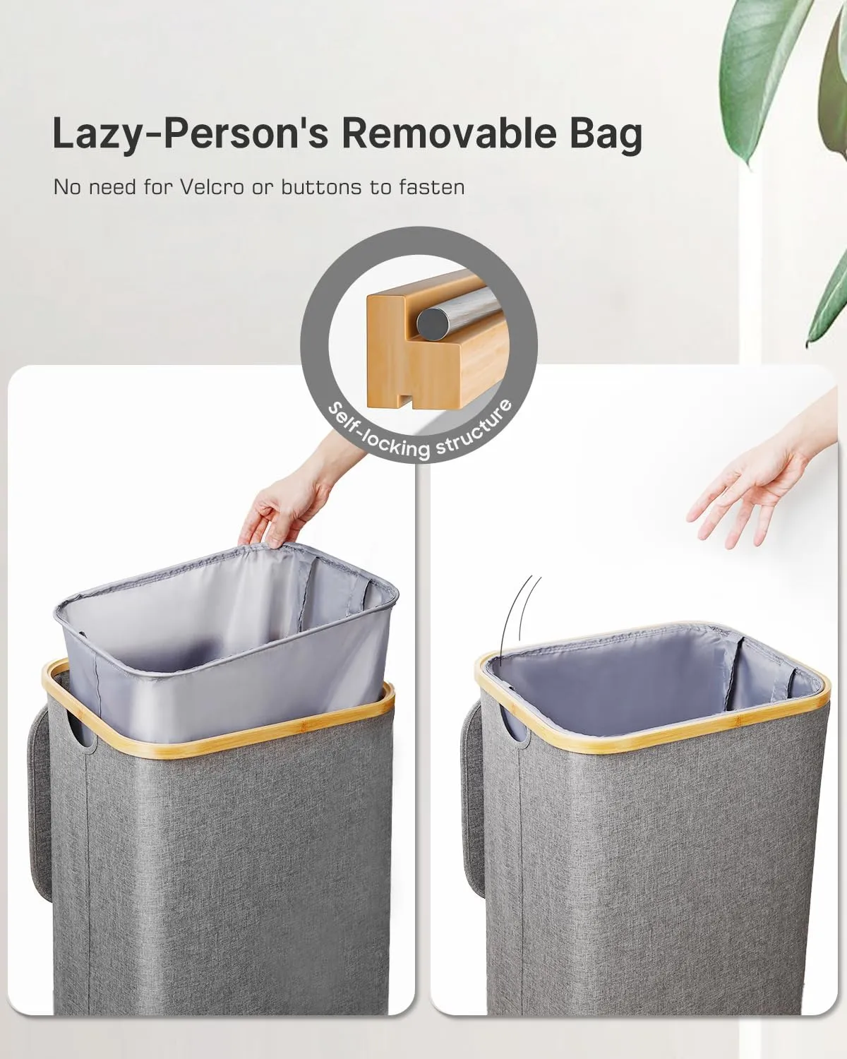 Slim Laundry Hamper with Wheels, 60L Rolling Laundry Basket with Lid and 2-Inch Silent Wheels, Small Clothes Hamper with Bamboo Handles for Clothes Toys in Dorm Bedroom Bathroom, Grey