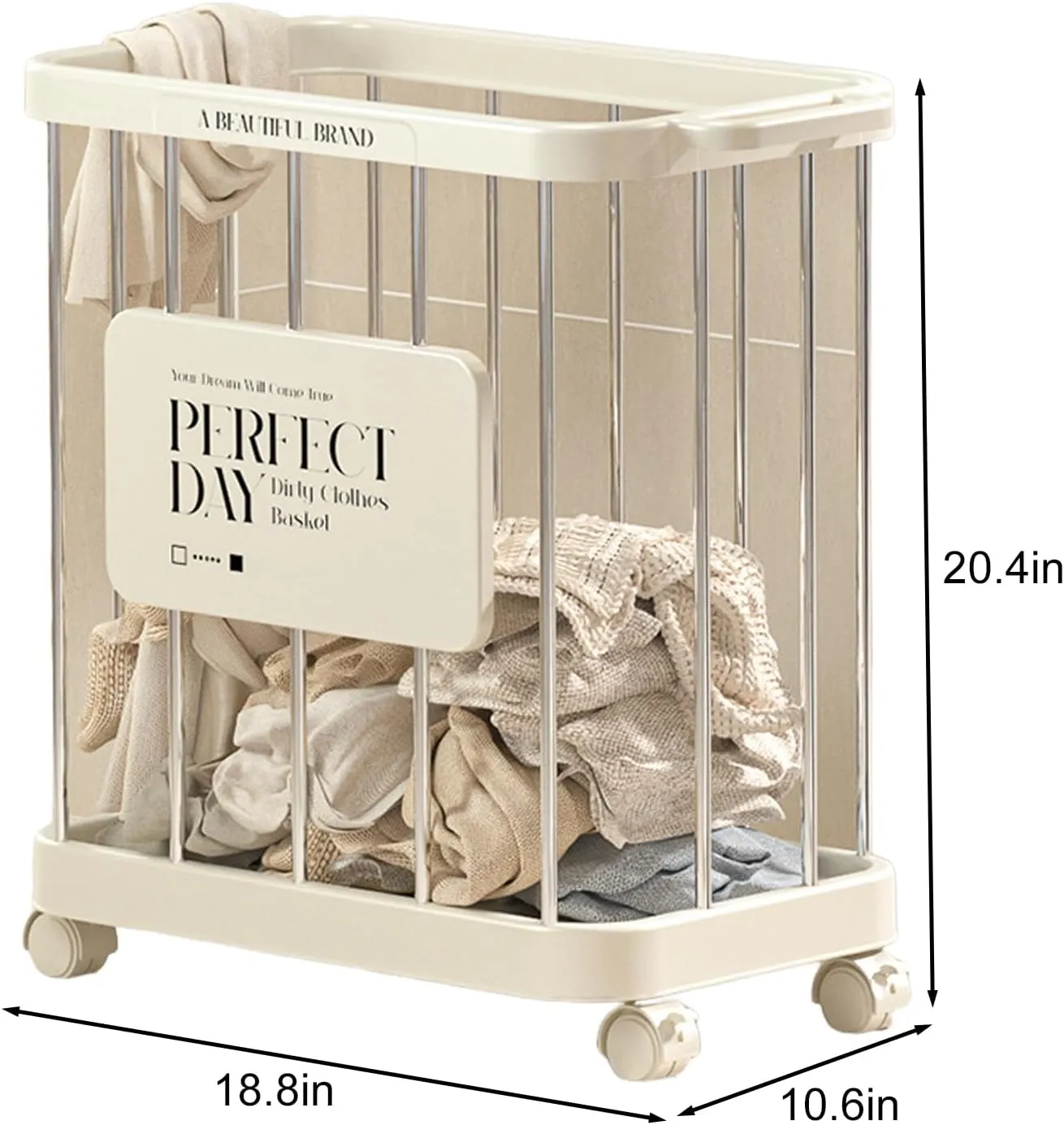 Slim Rolling Laundry Basket,Dirty Clothes Laundry Basket with Wheels Large Capacity Strong Load-Bearing Sturdy Construction Laundry Hamper Toys Storage Basket for Laundry and Bathroom Milky W