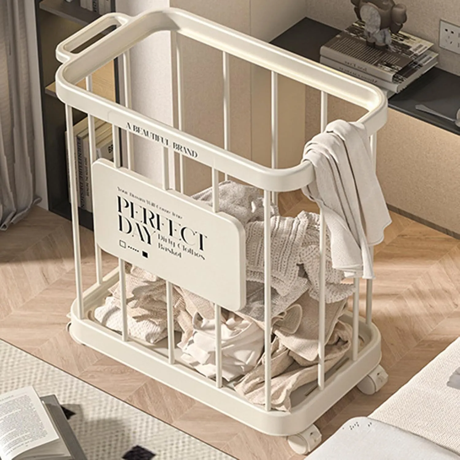 Slim Rolling Laundry Basket,Dirty Clothes Laundry Basket with Wheels Large Capacity Strong Load-Bearing Sturdy Construction Laundry Hamper Toys Storage Basket for Laundry and Bathroom Milky W